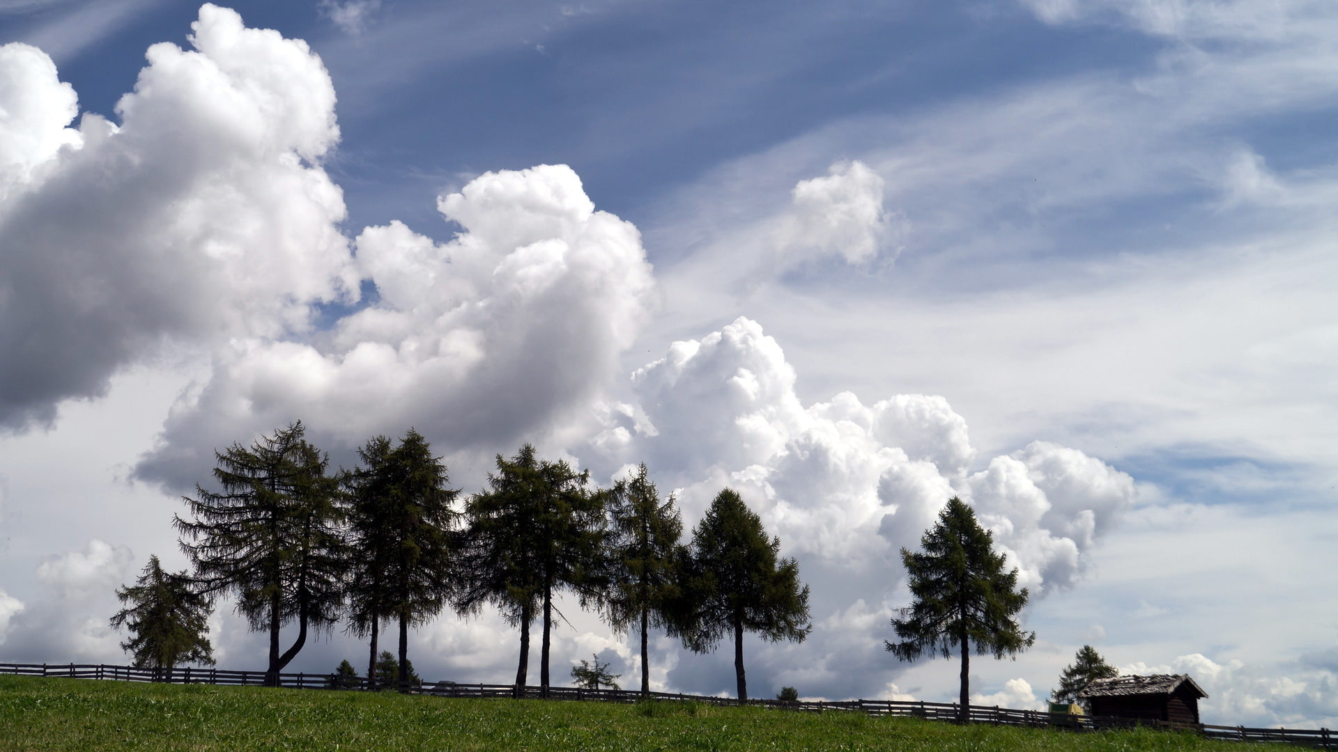 architecture, buildings, cabin, clouds, fence, fields, grass
