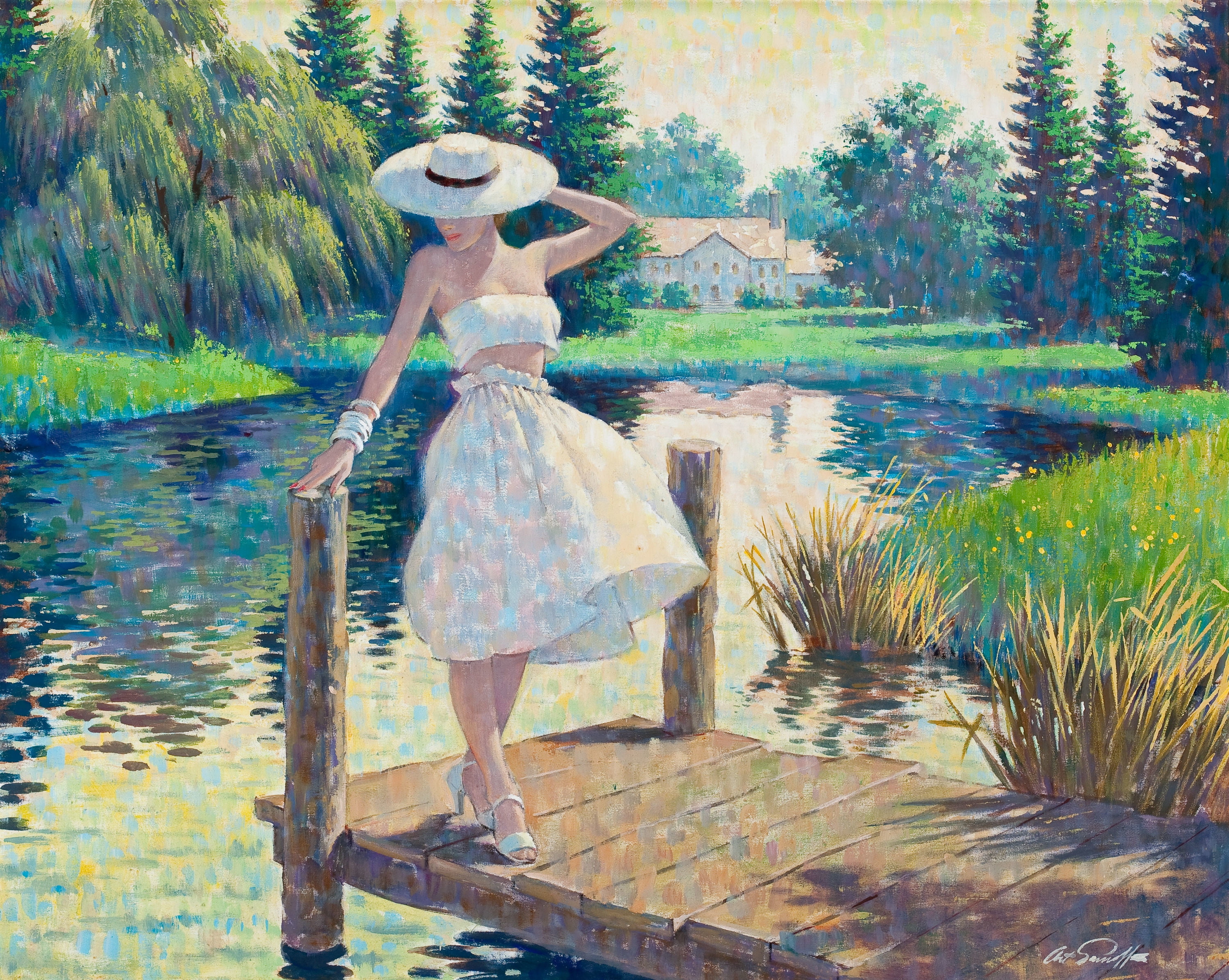 woman standing on dock painting, girl, lake, figure, picture