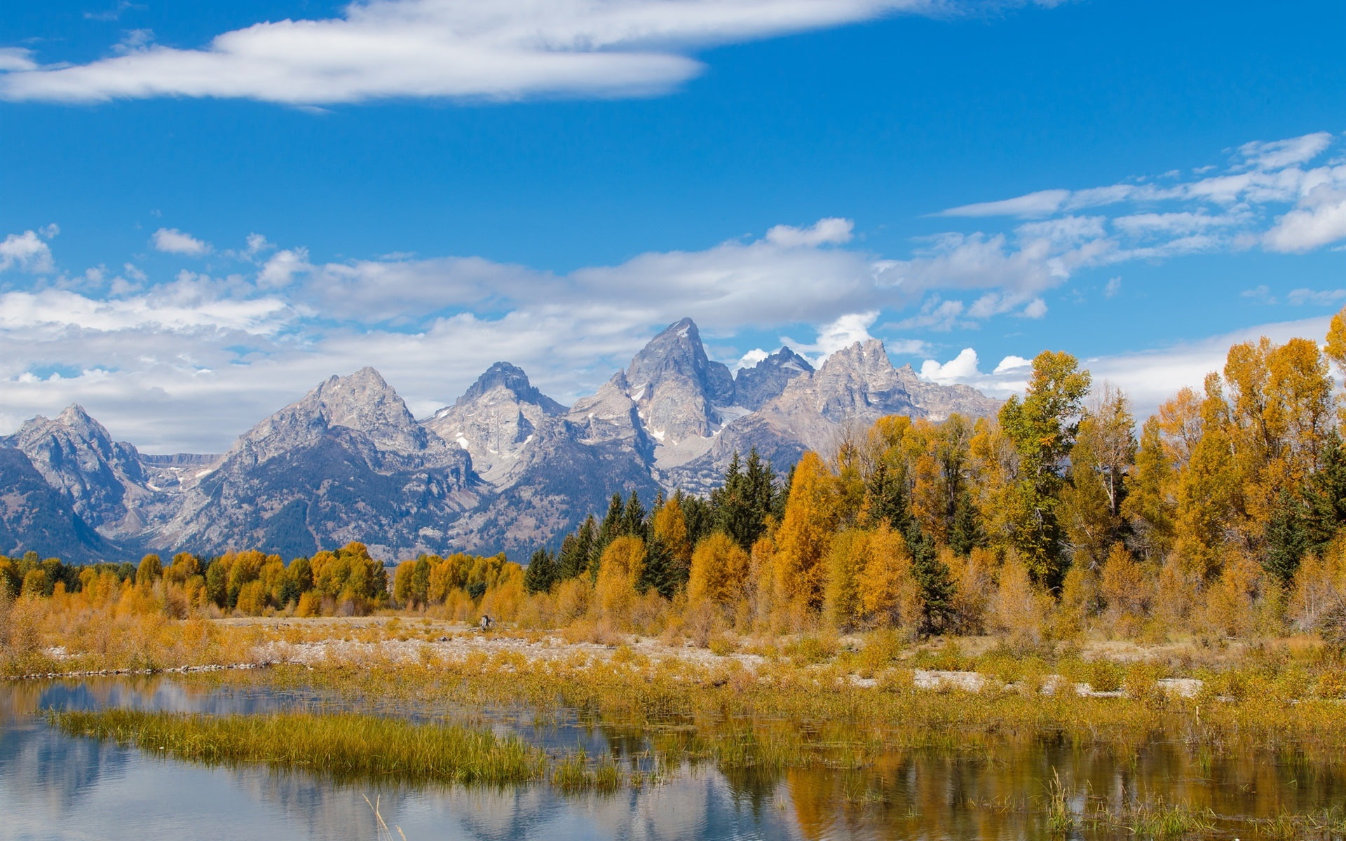 Grand Teton National Park, Wyoming, USA, mountains, river, trees, autumn, brown leafed trees
