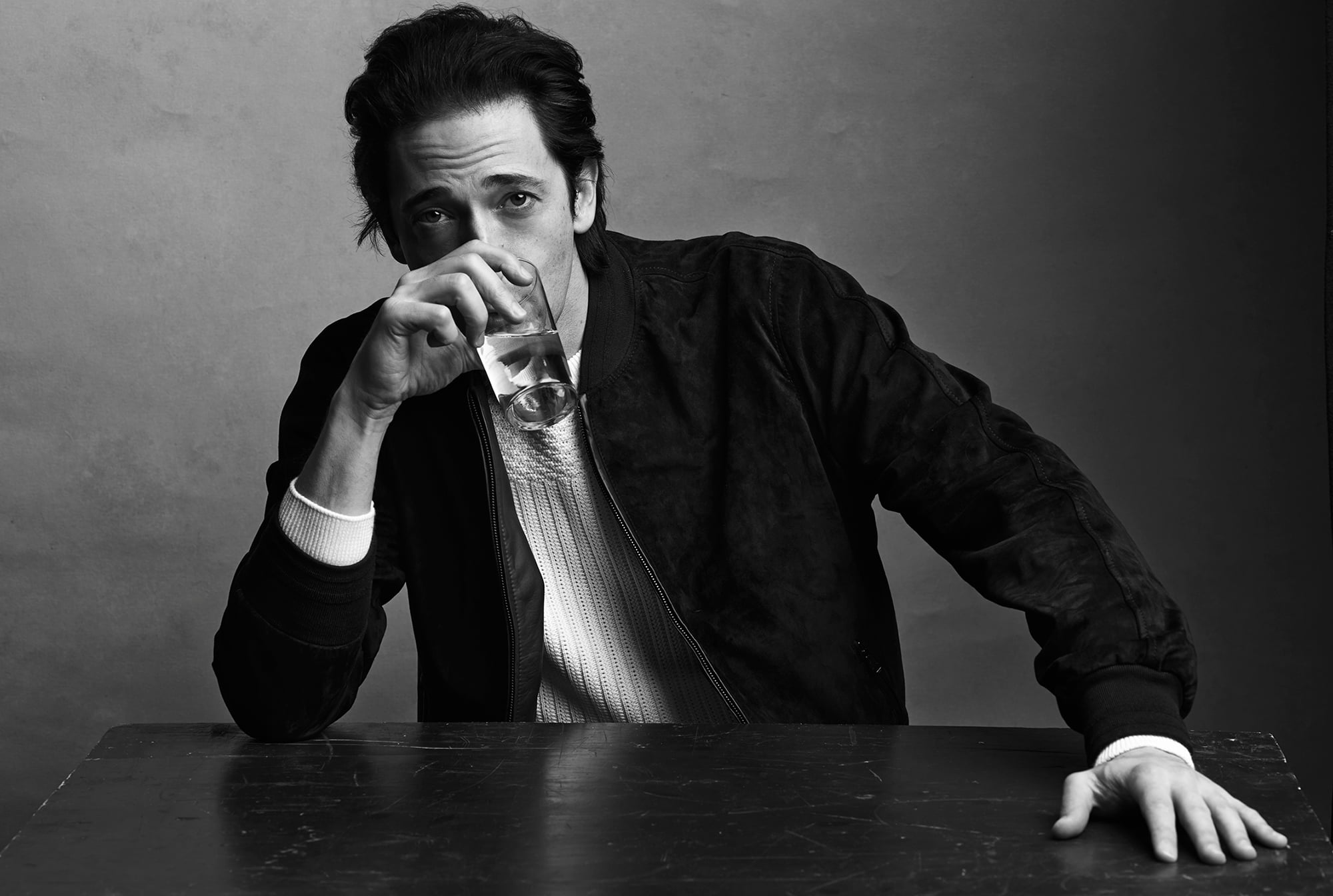 men's zip-up jacket, adrien brody, glass, face, bw, black And White