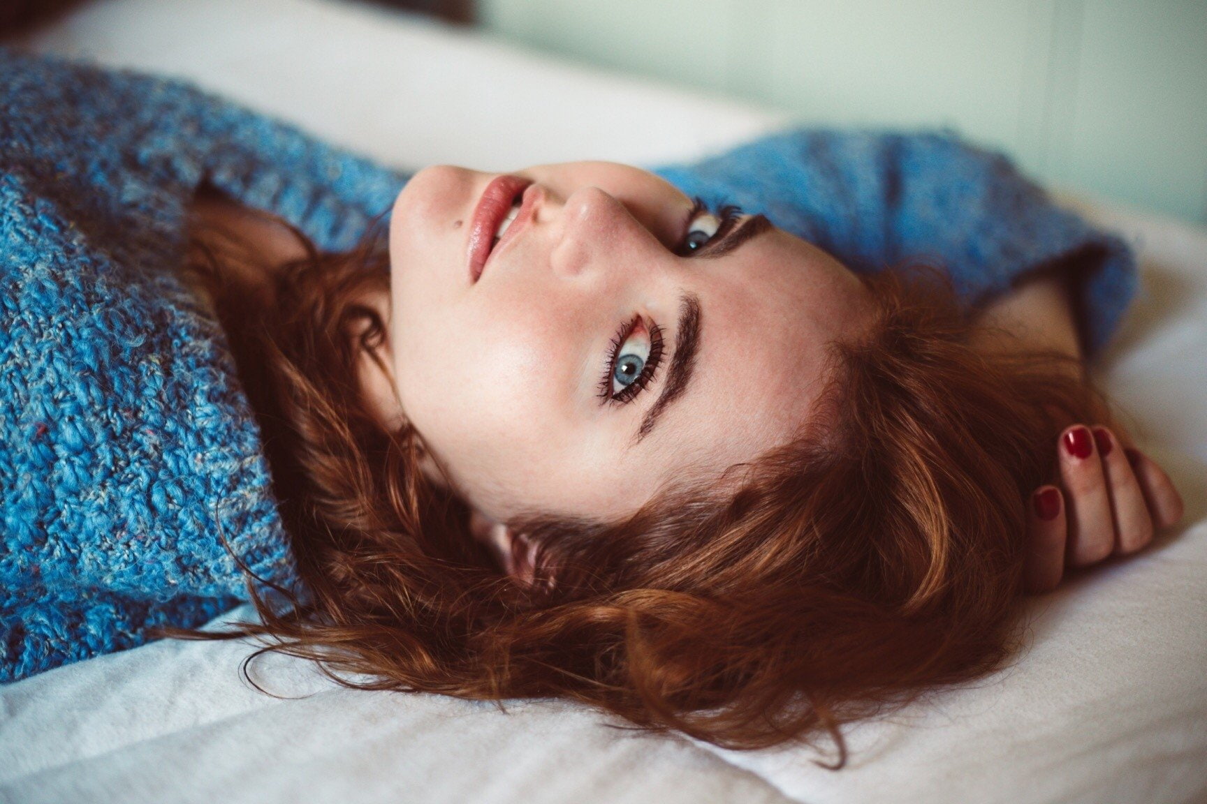 Models, Blue Eyes, Face, Lying Down, Redhead