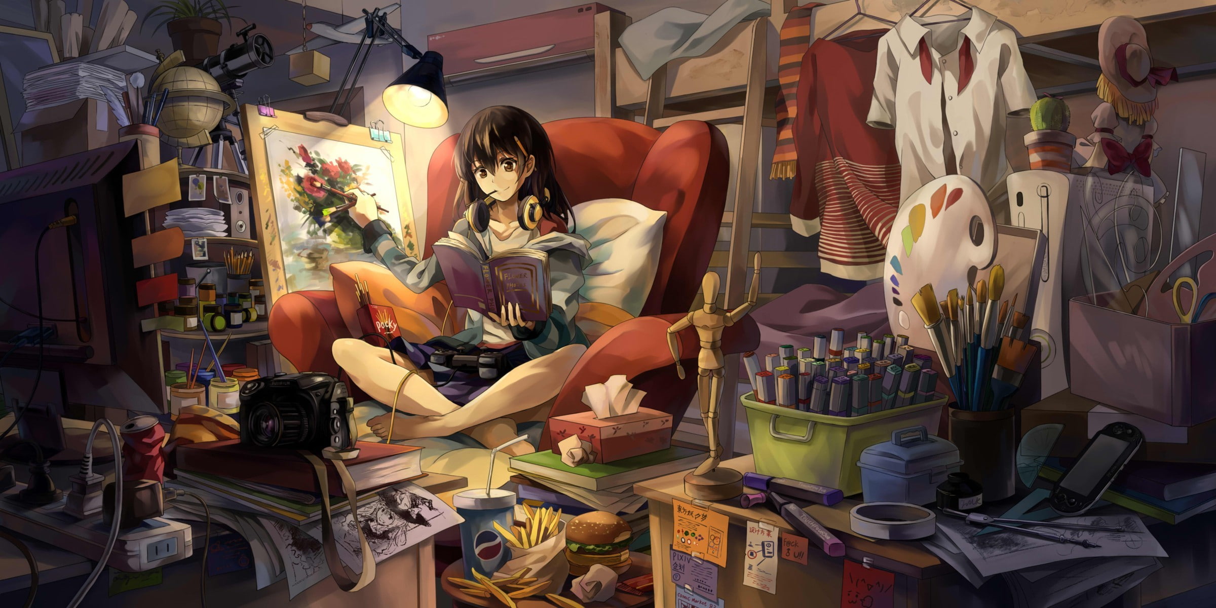 anime, interior, books, original characters, artwork, room