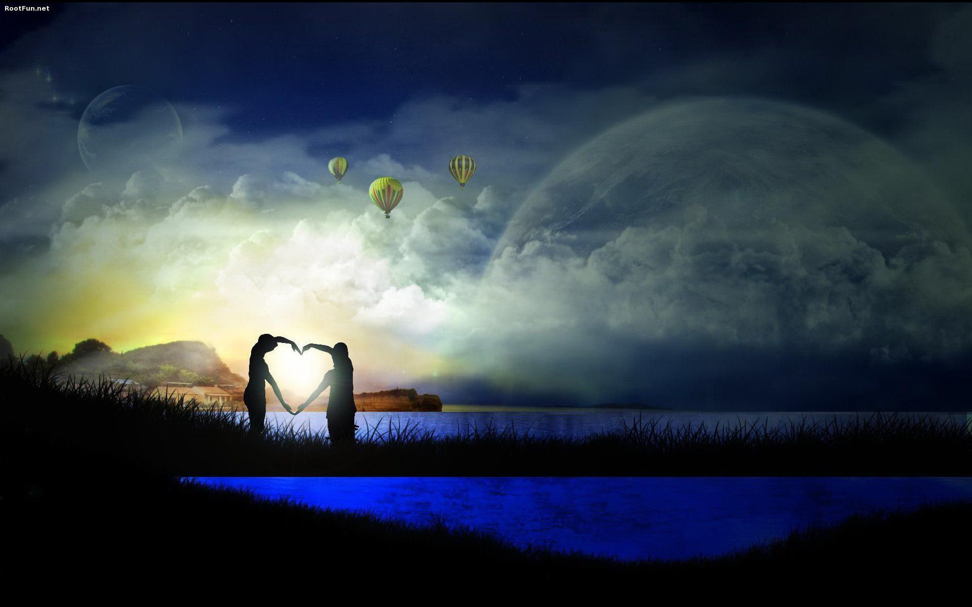 Romantic Couple Photo, three hot air balloons and silhouette of couple forming heart