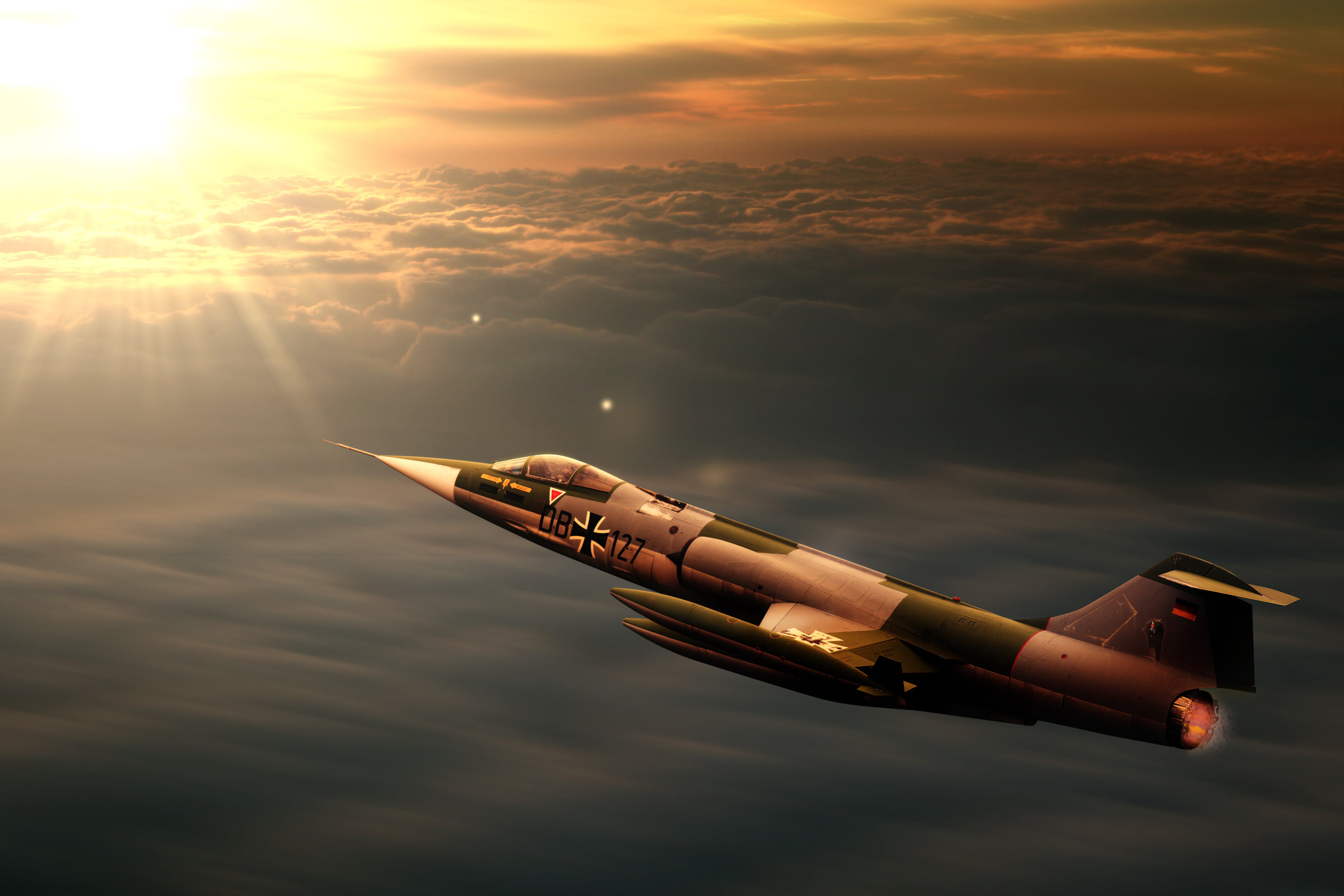gray and black fighter plane, sunset, interceptor, f104, jet