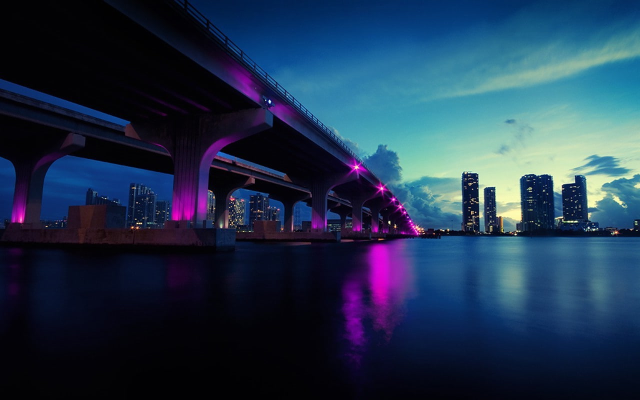 bridge, city, Miami, river, Urban
