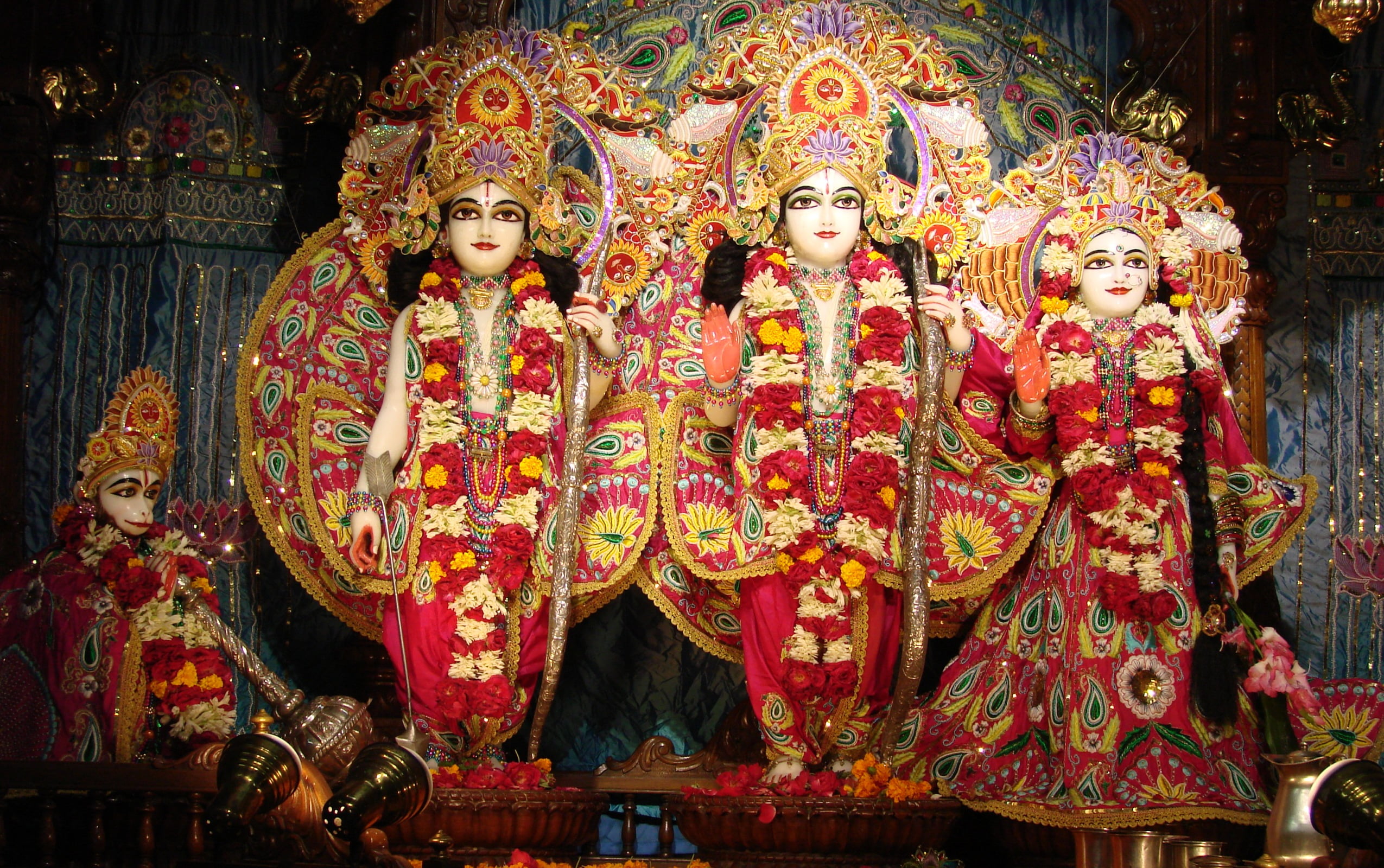 Lord Rama With Sita And Lakshmana, red and yellow garlands, God