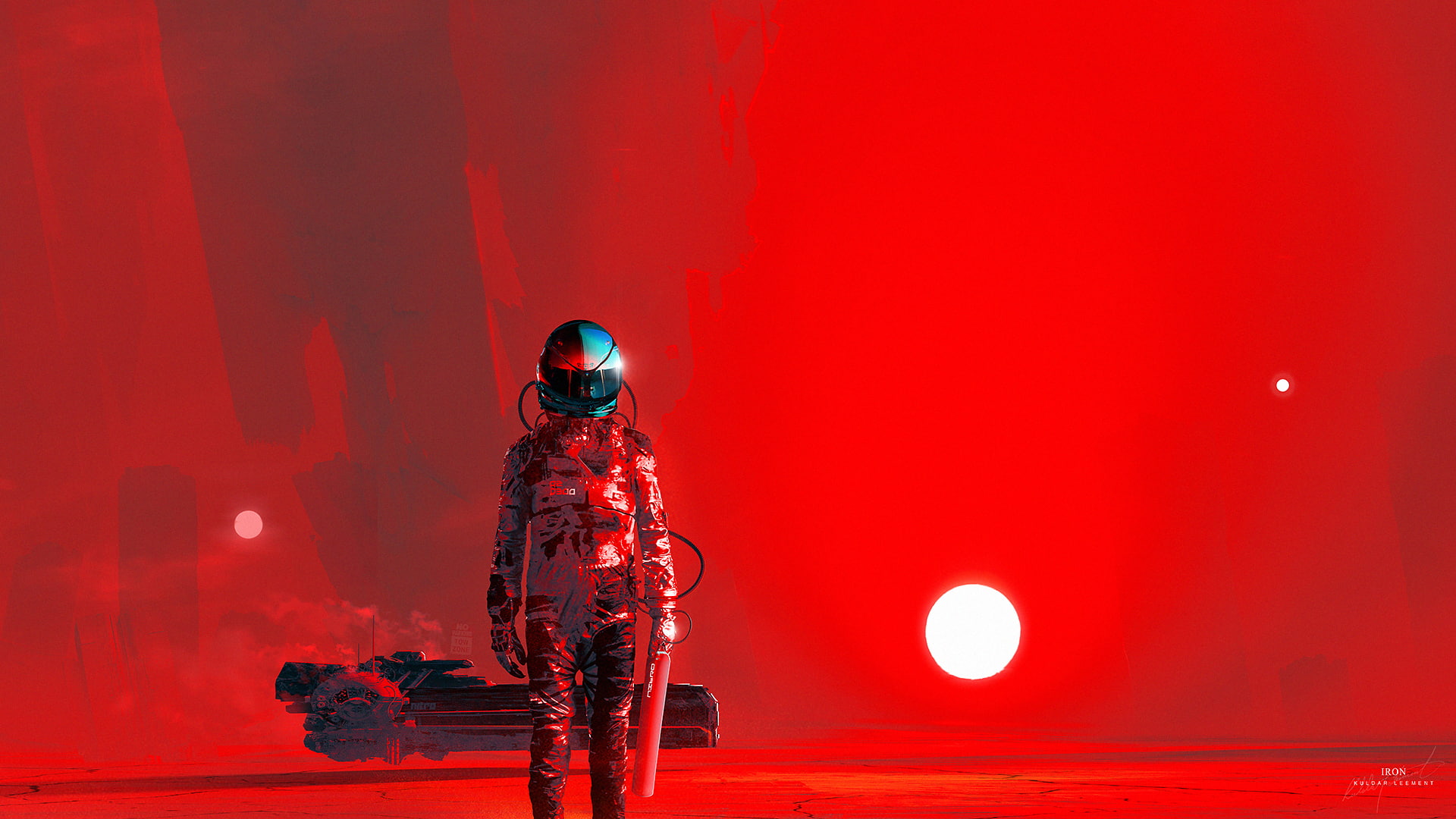 Kuldar Leement, futuristic, red background, astronaut, fantasy art