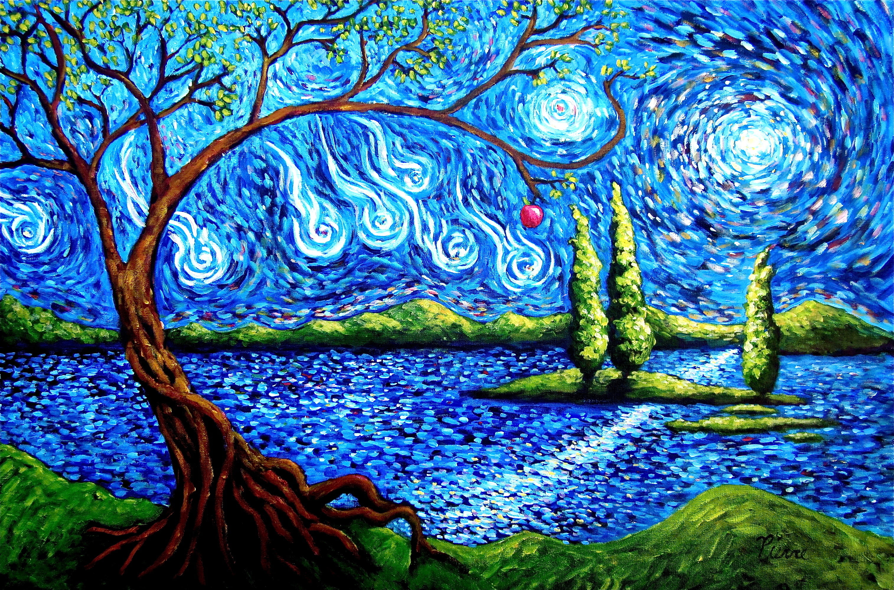 apple, art, gogh, island, lake, night, sky, starry, tree, van