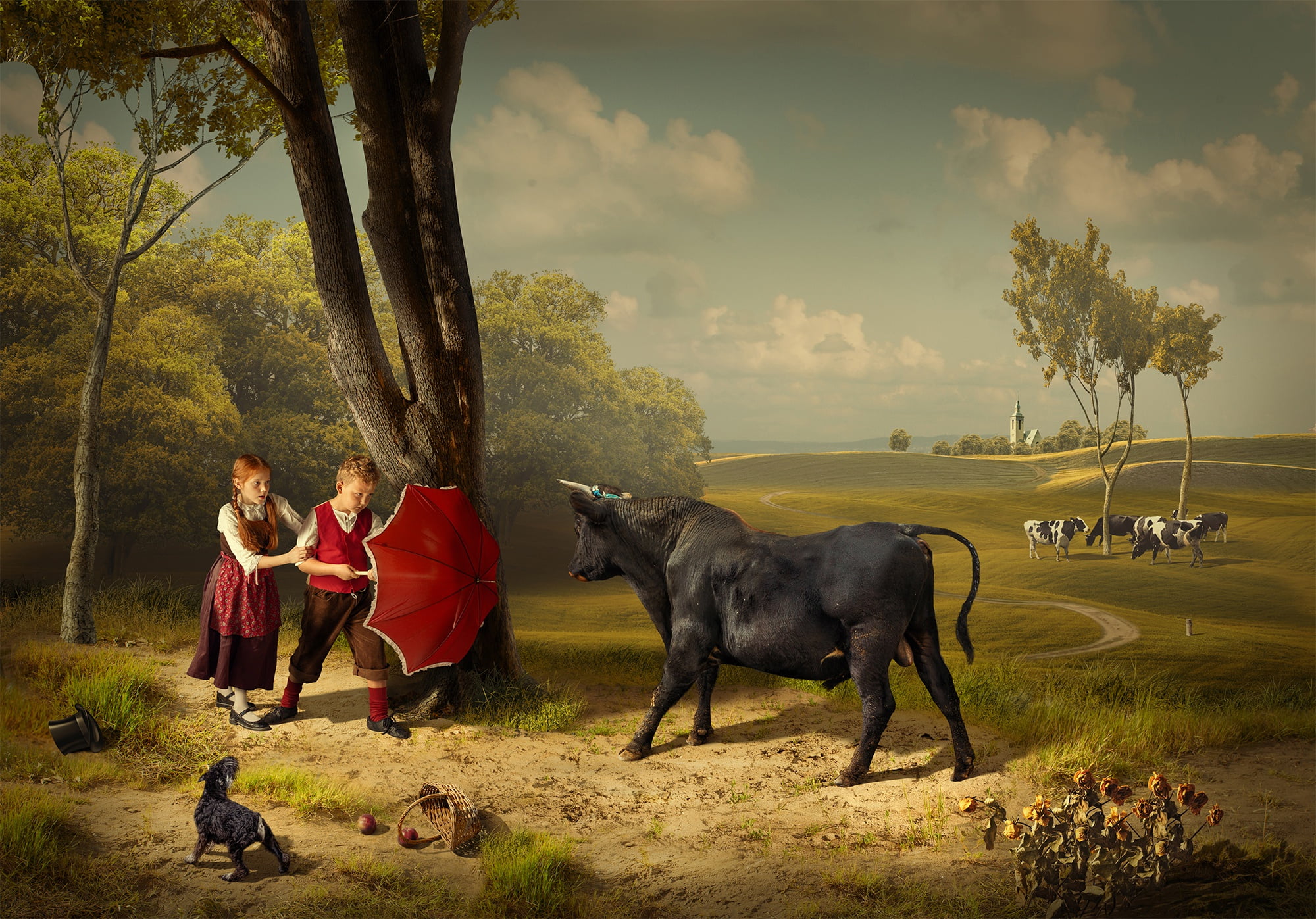 trees, children, umbrella, the situation, dog, boy, cows, meadow
