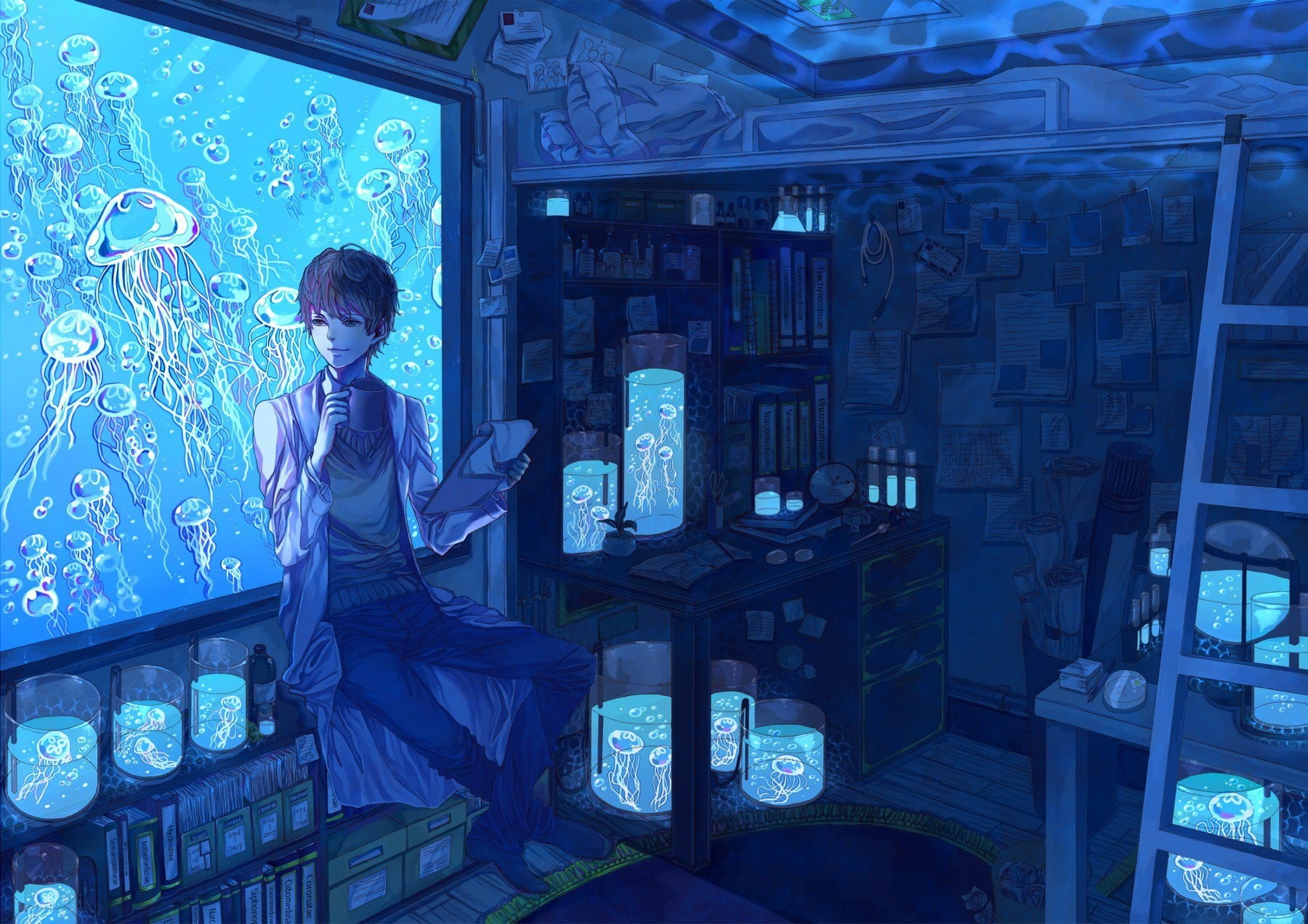male anime character wallpaper, aquarium, scientists, laboratories