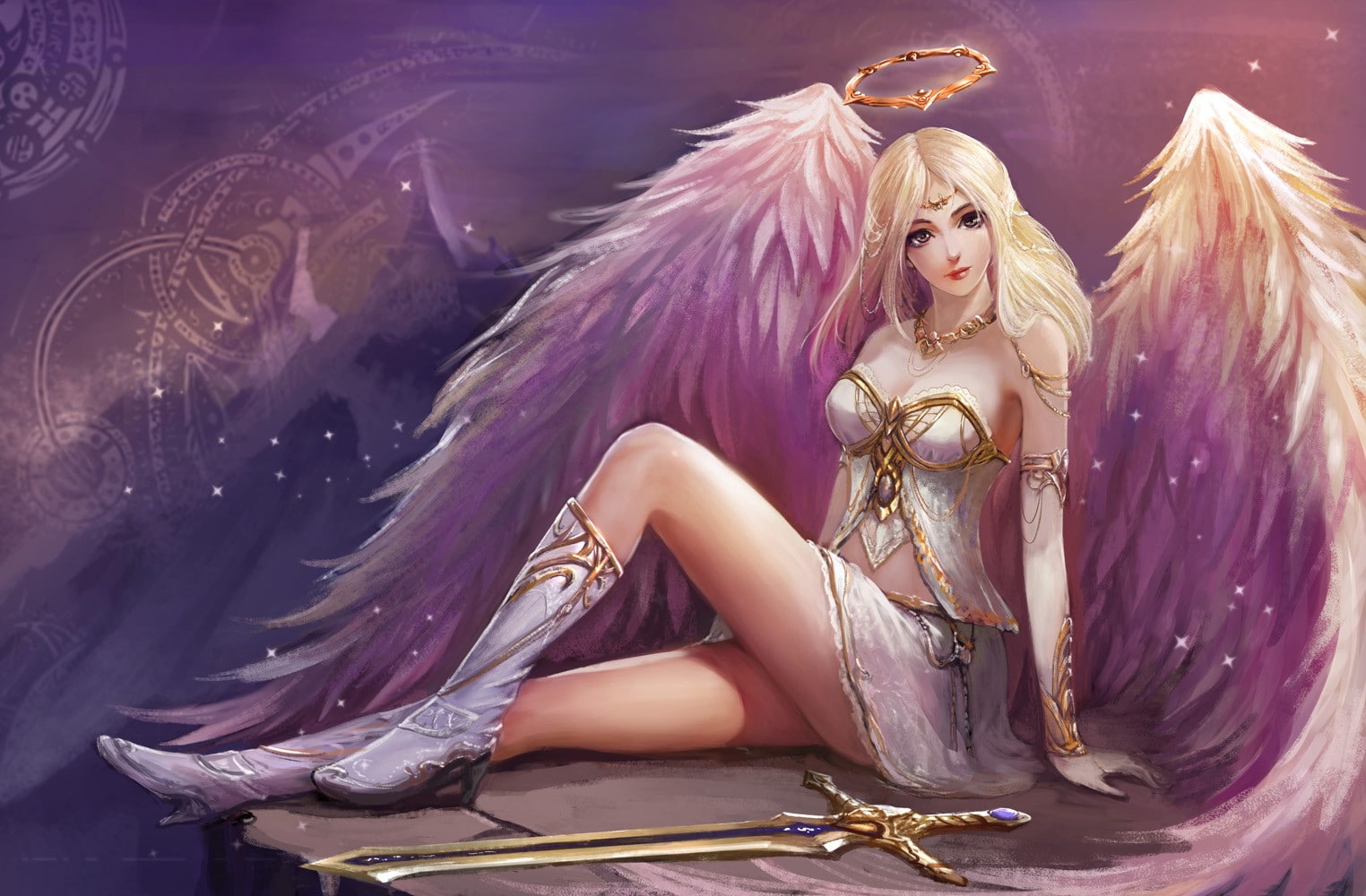 angel, fantasy art, fantasy girl, wings, legs, blonde, sword