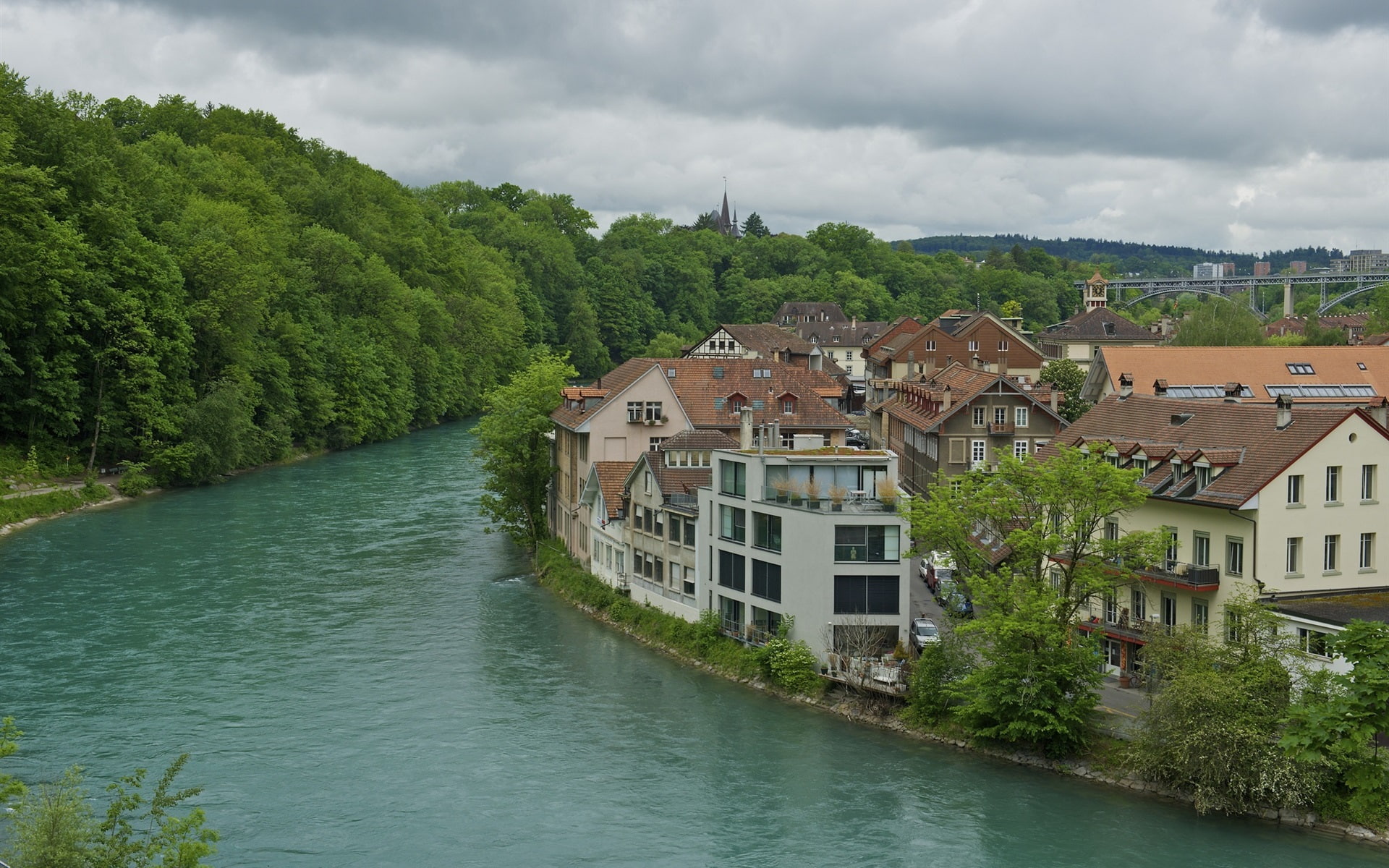 Bern, Switzerland, river, house, trees, cloudy sky