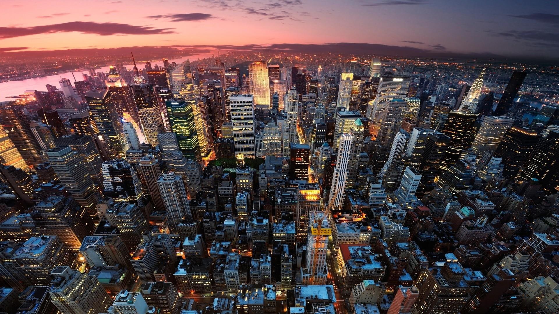 city, manhattan, downtown, new york city, night, aerial photography