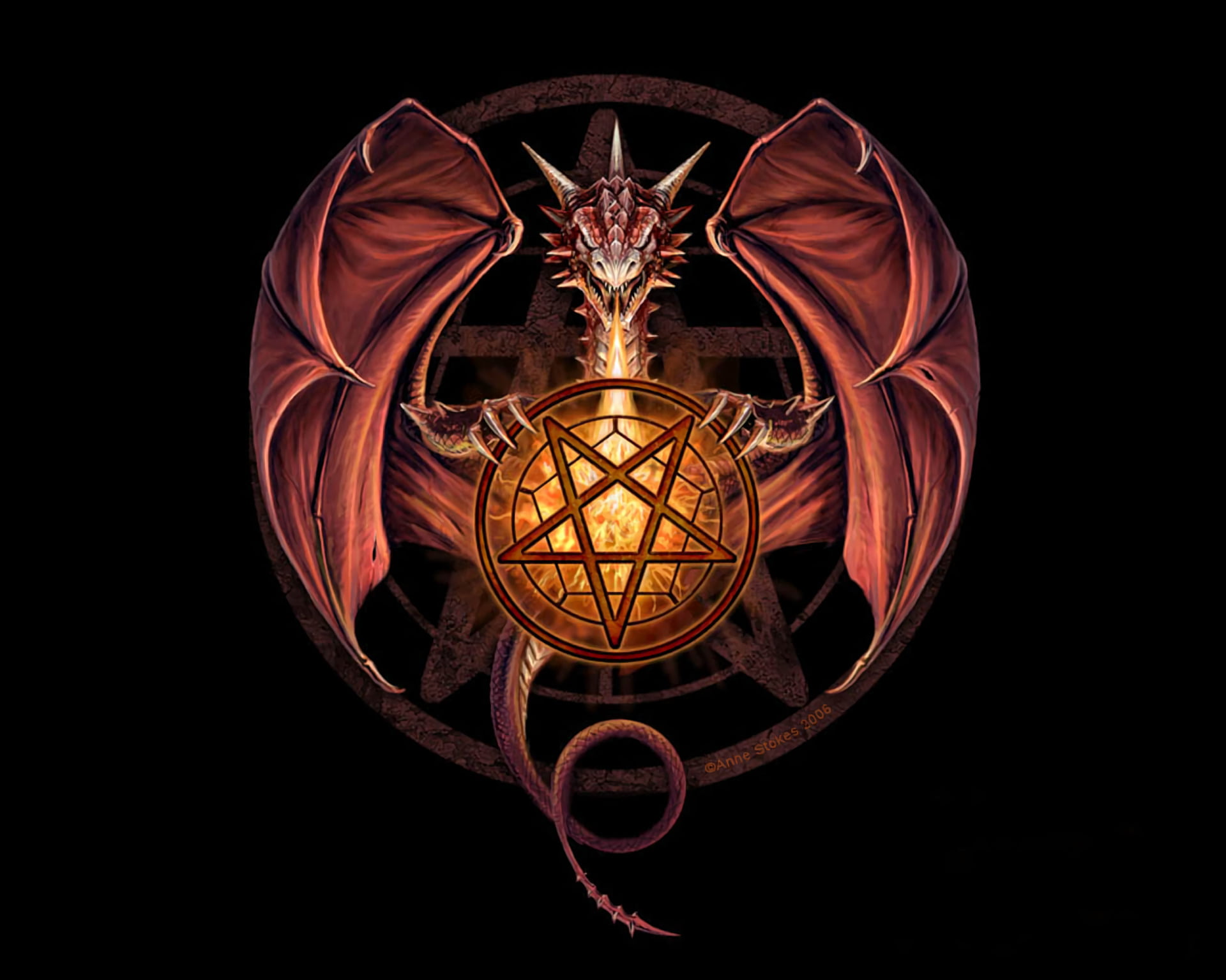 dragon with pentagram symbol illustration, Fantasy, Red, black Color