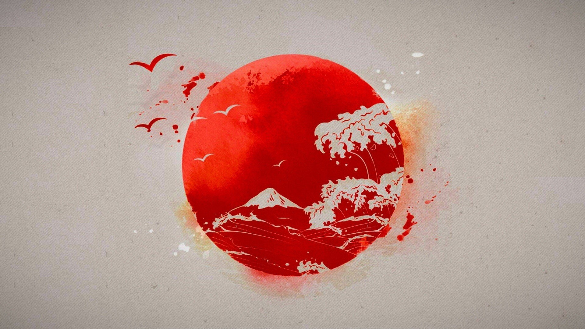 japanese sun drawing, red, indoors, splattered, broken, close-up