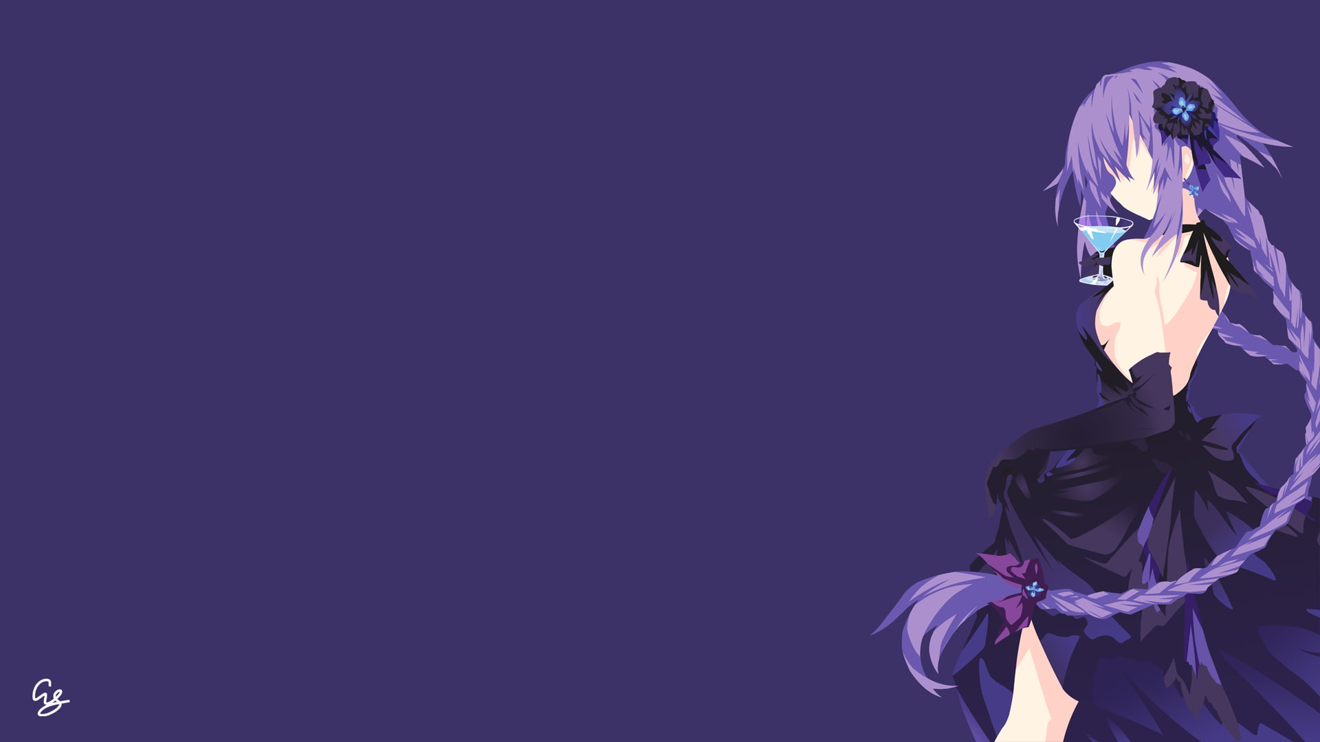 sideboob, gloves, lifting dress, purple hair, simple background