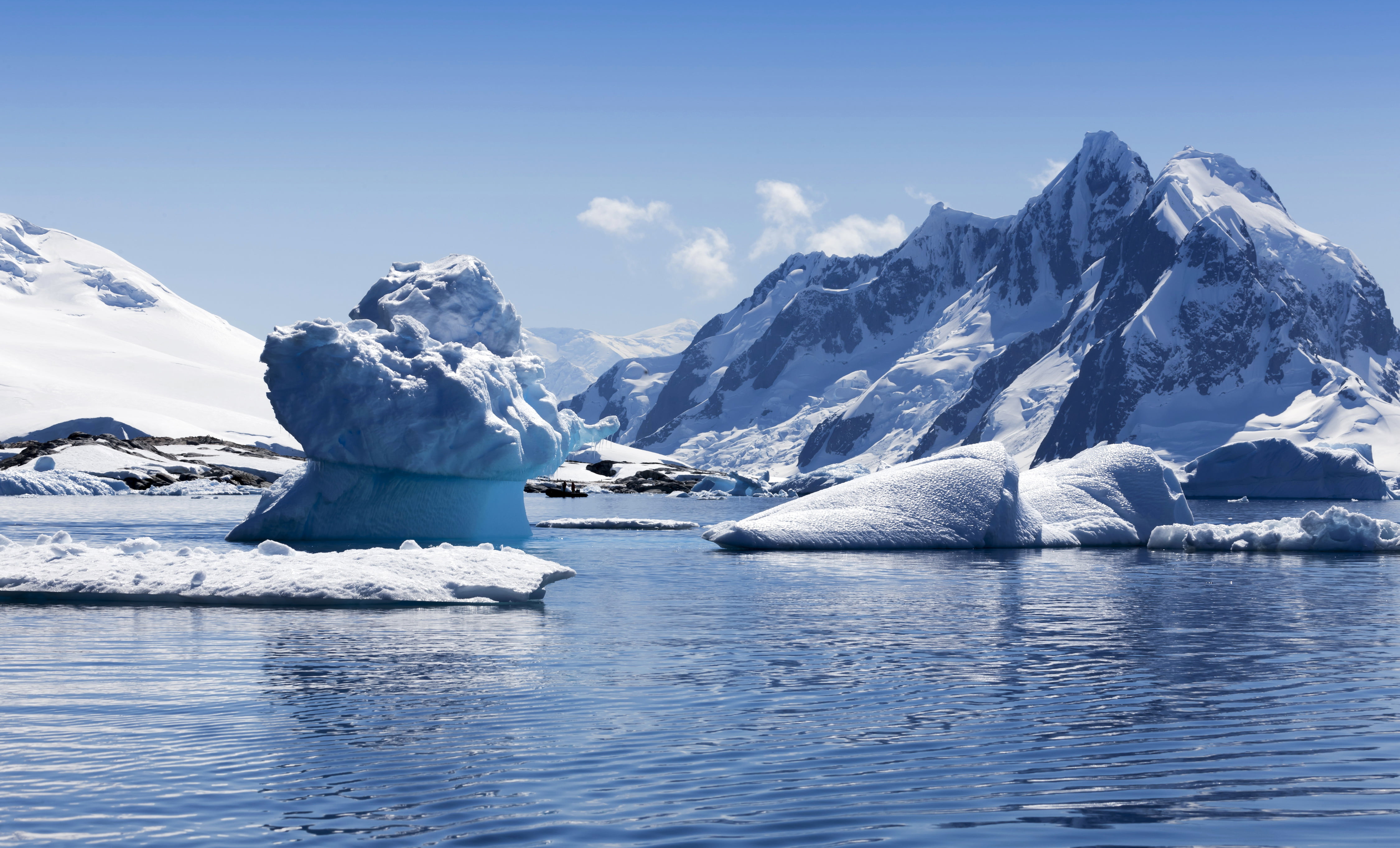 white iceberg, sea, the sky, snow, mountains, rocks, coast, icicles