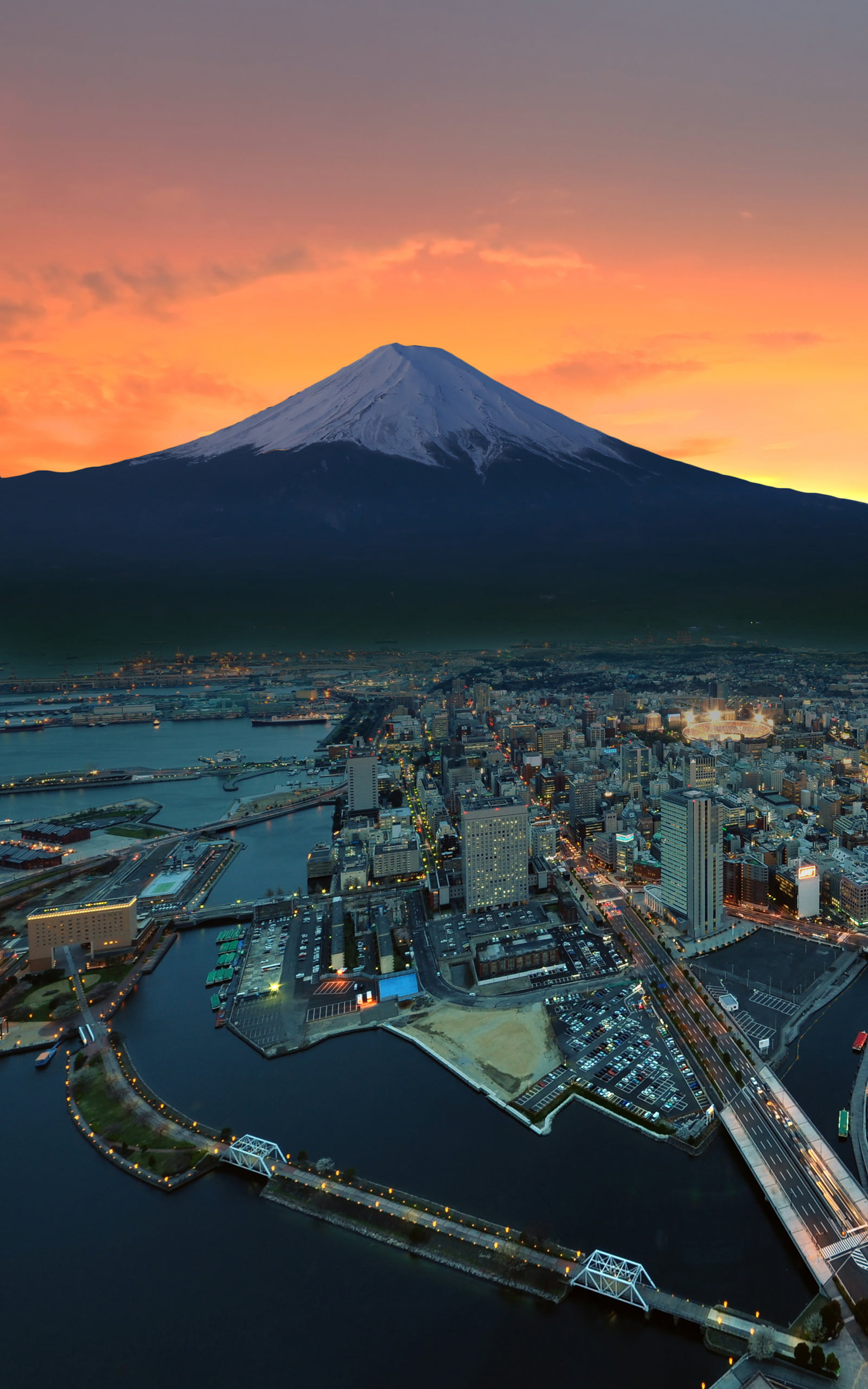 Mount Fuji, sunset, Tokyo, Japan, city, mountains, snowy peak