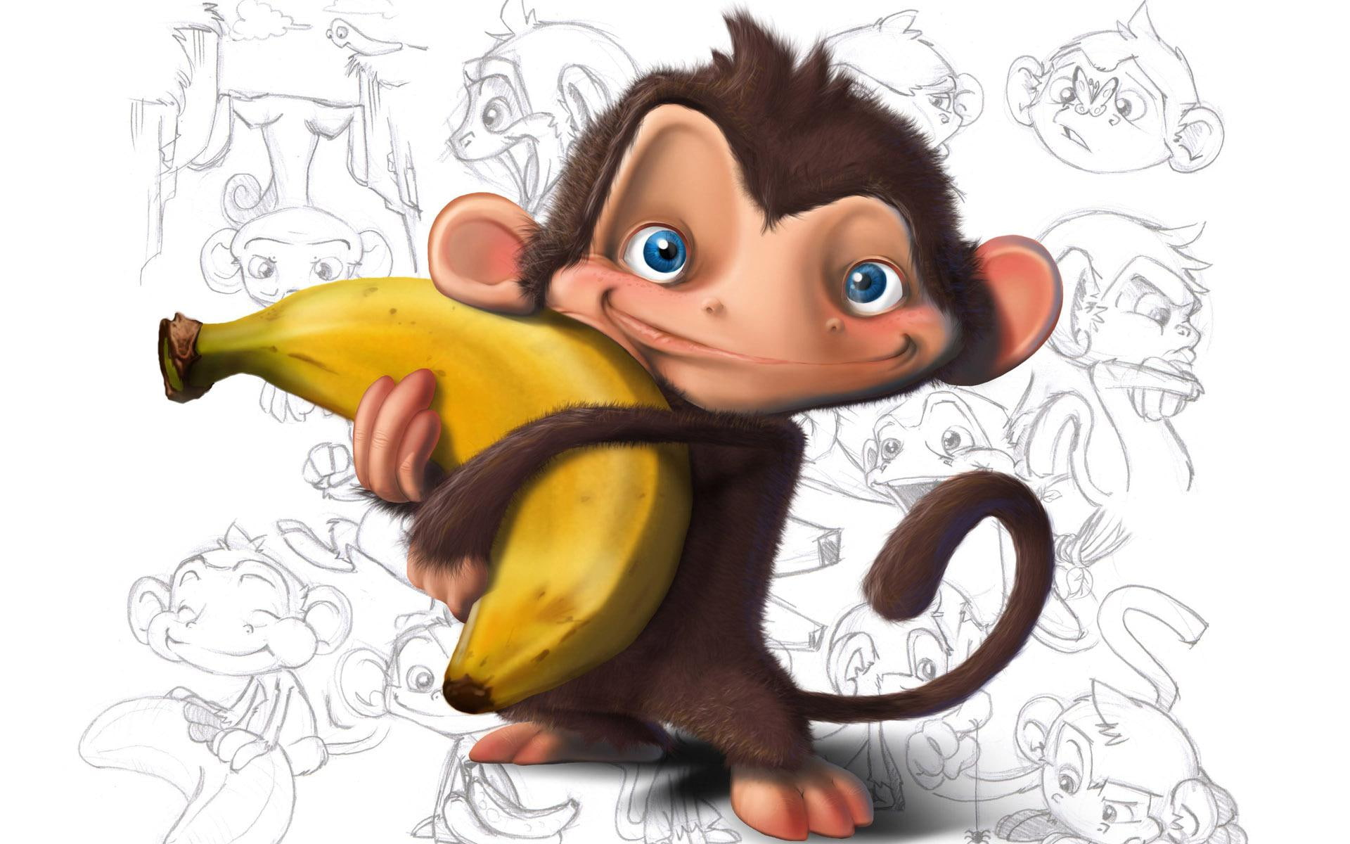 Monkey holding a banana, monkey holding yellow banana illustration