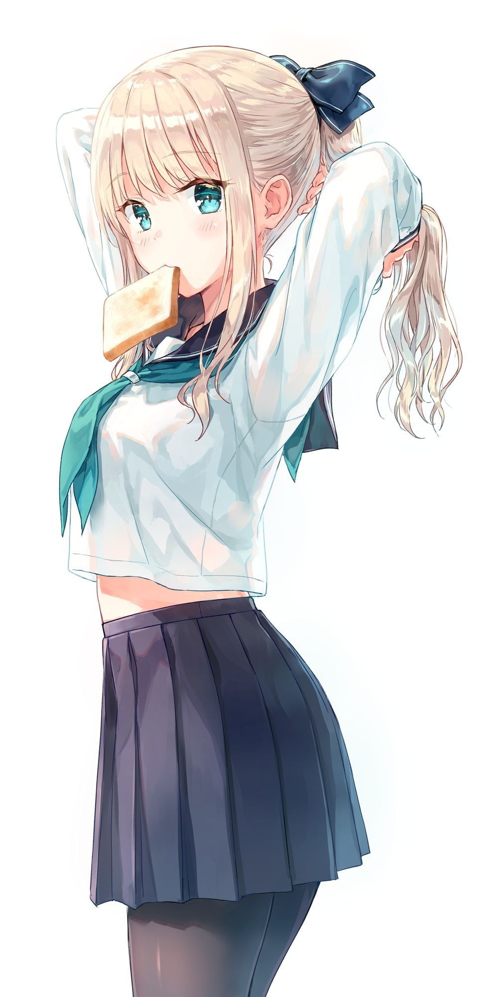 anime, anime girls, blonde, arms up, tie, simple background