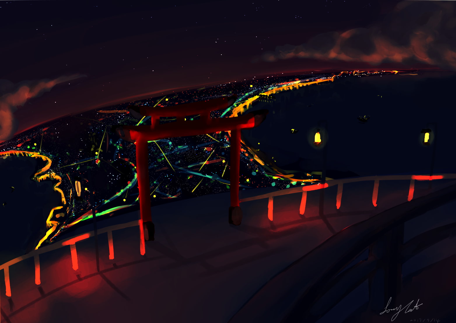 torii, gates, city, artwork, city lights, night, sky, lake
