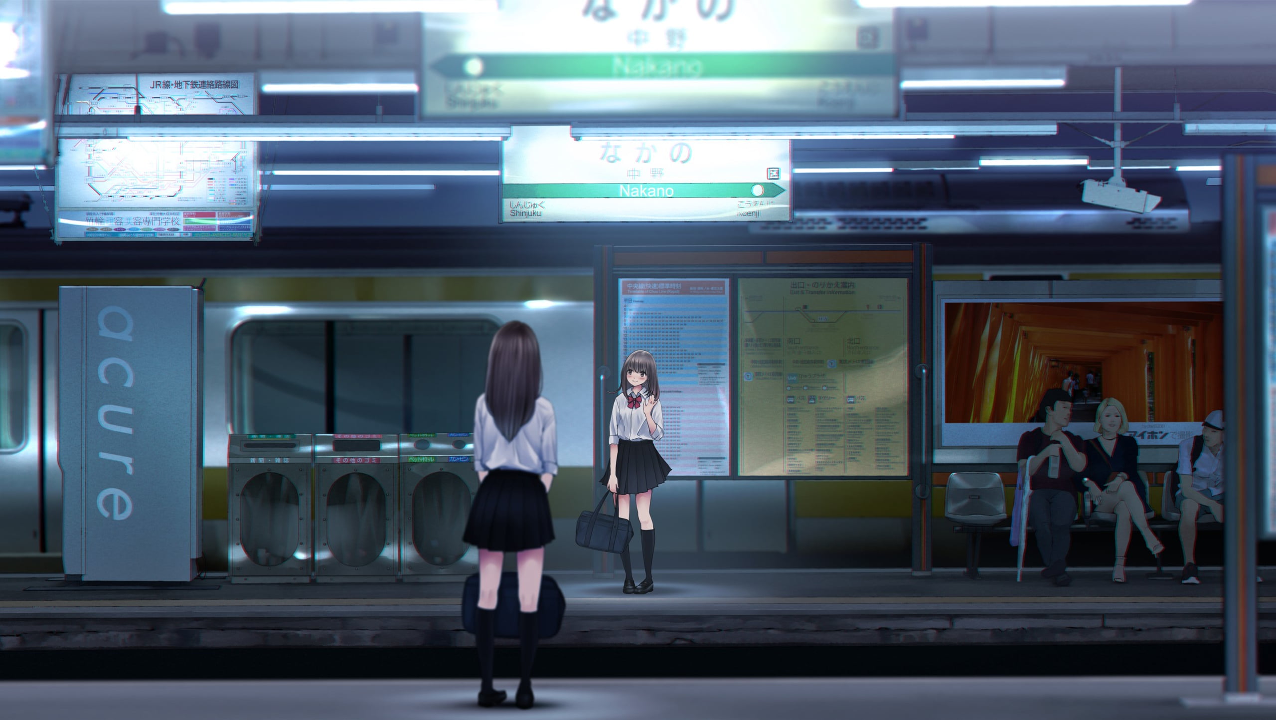 anime, anime girls, umbrella, skirt, heels, long hair, train station