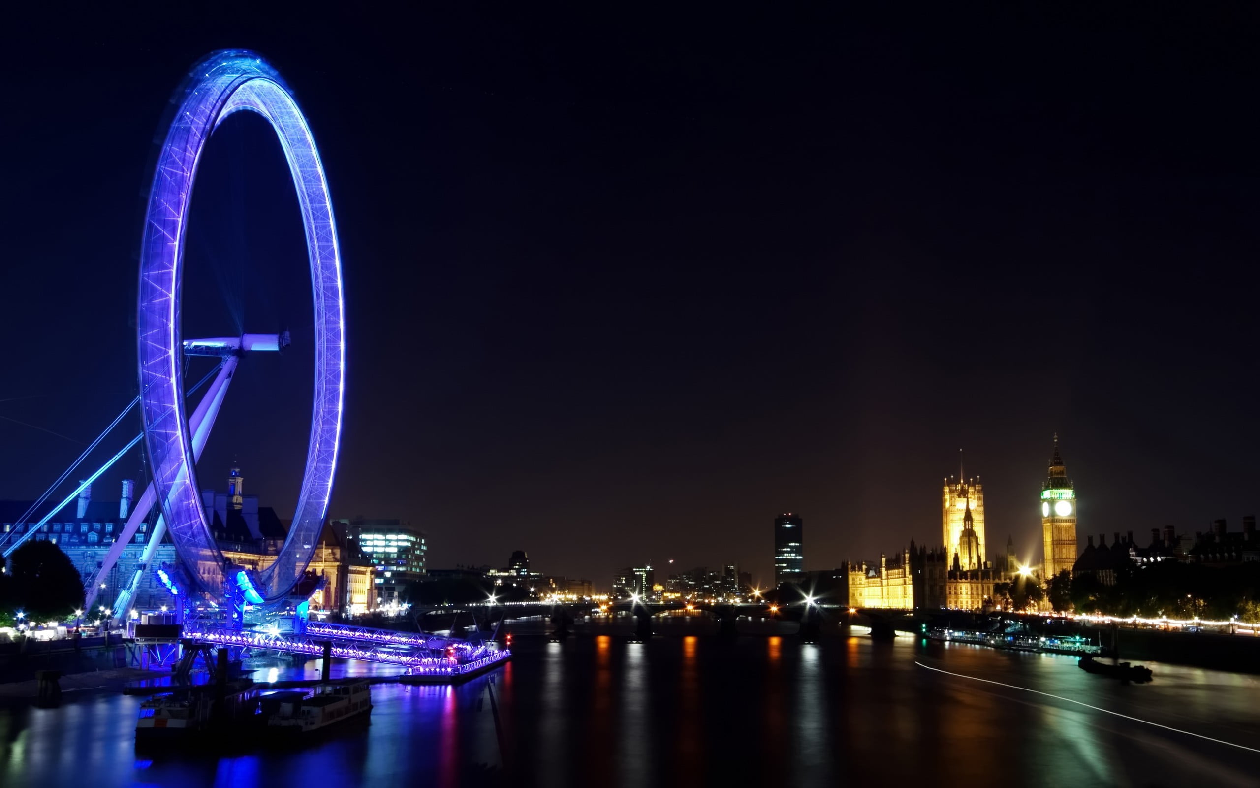 London Eye, London, night, the city, lights, river, Wallpaper