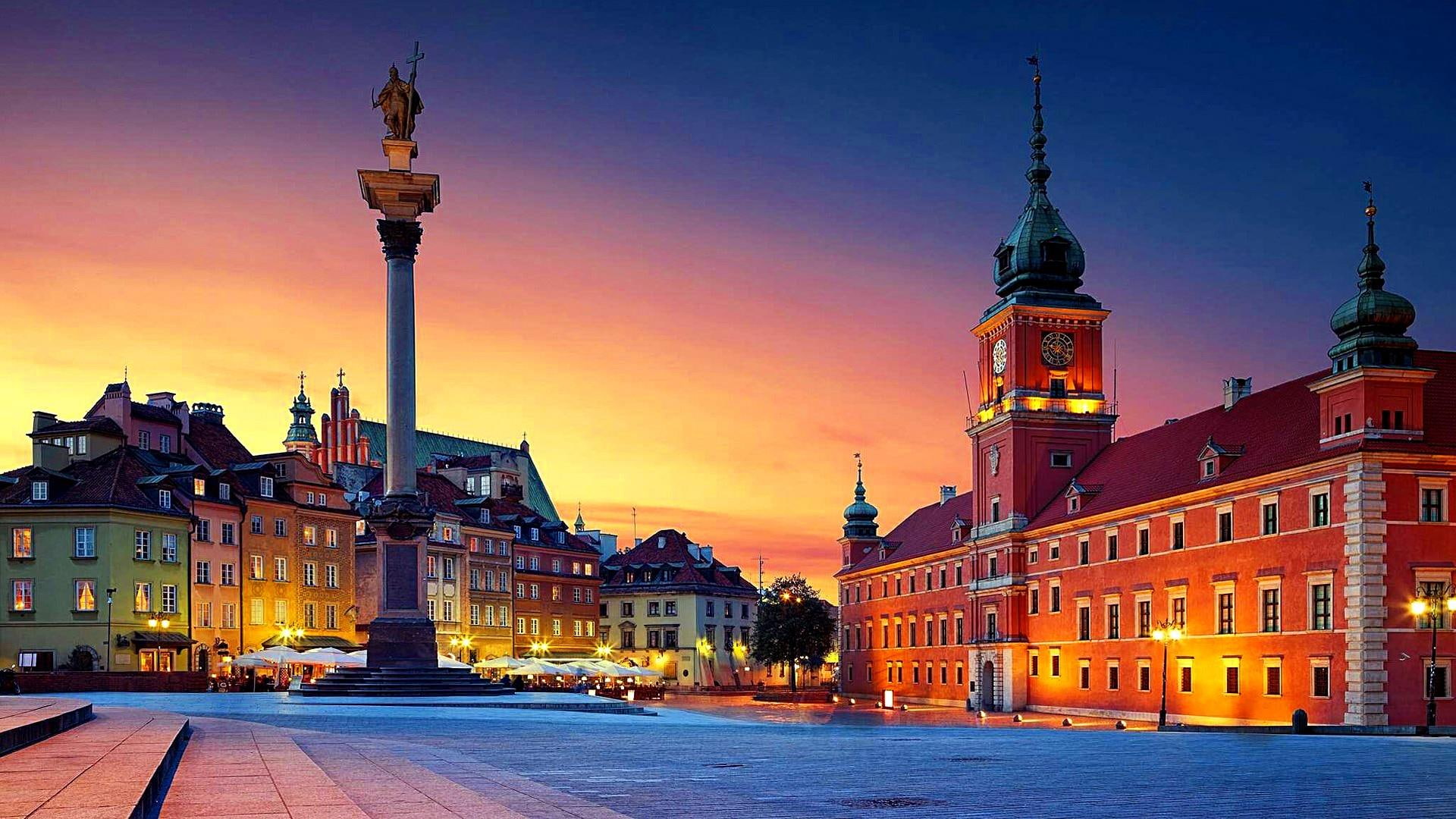 warsaw, poland, old town, night lights, cityscape, europe, castle square
