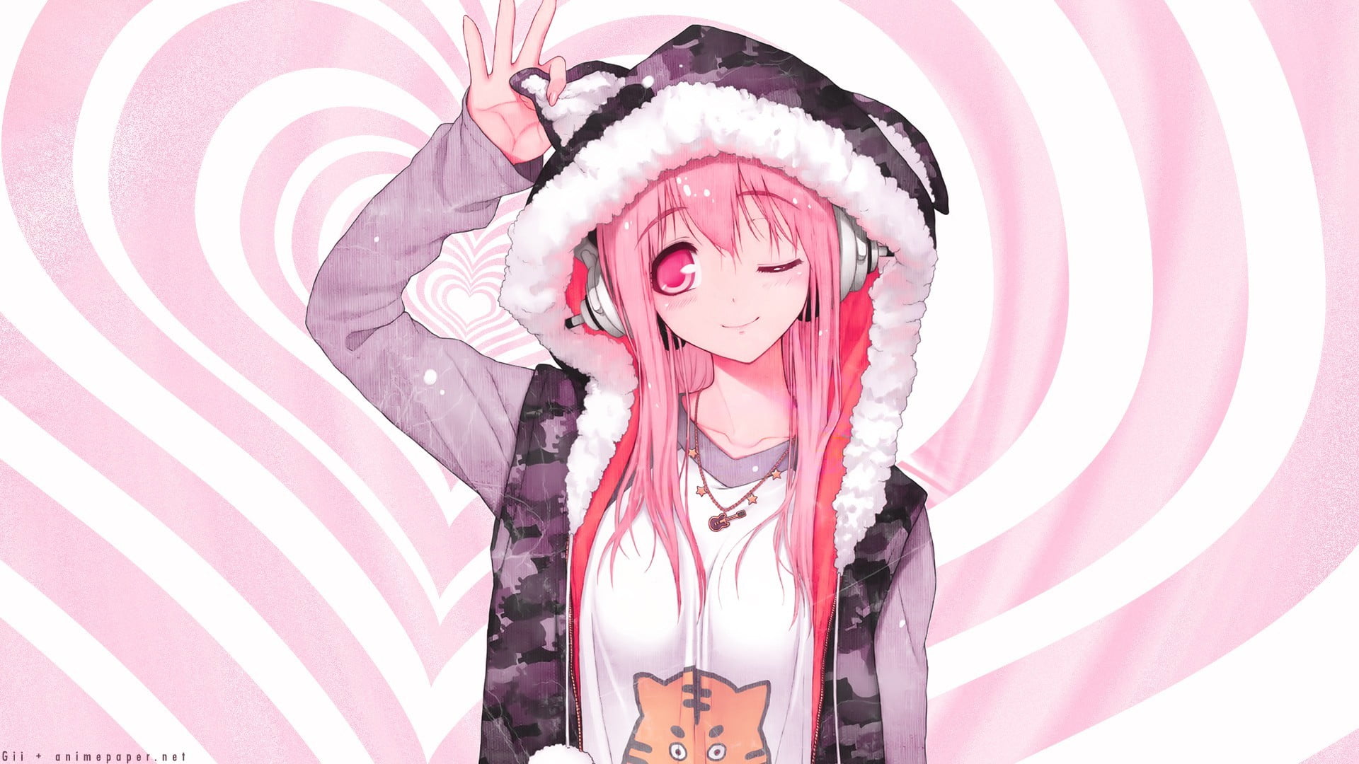 anime girls, Super Sonico, hoods, one person, pink color, front view