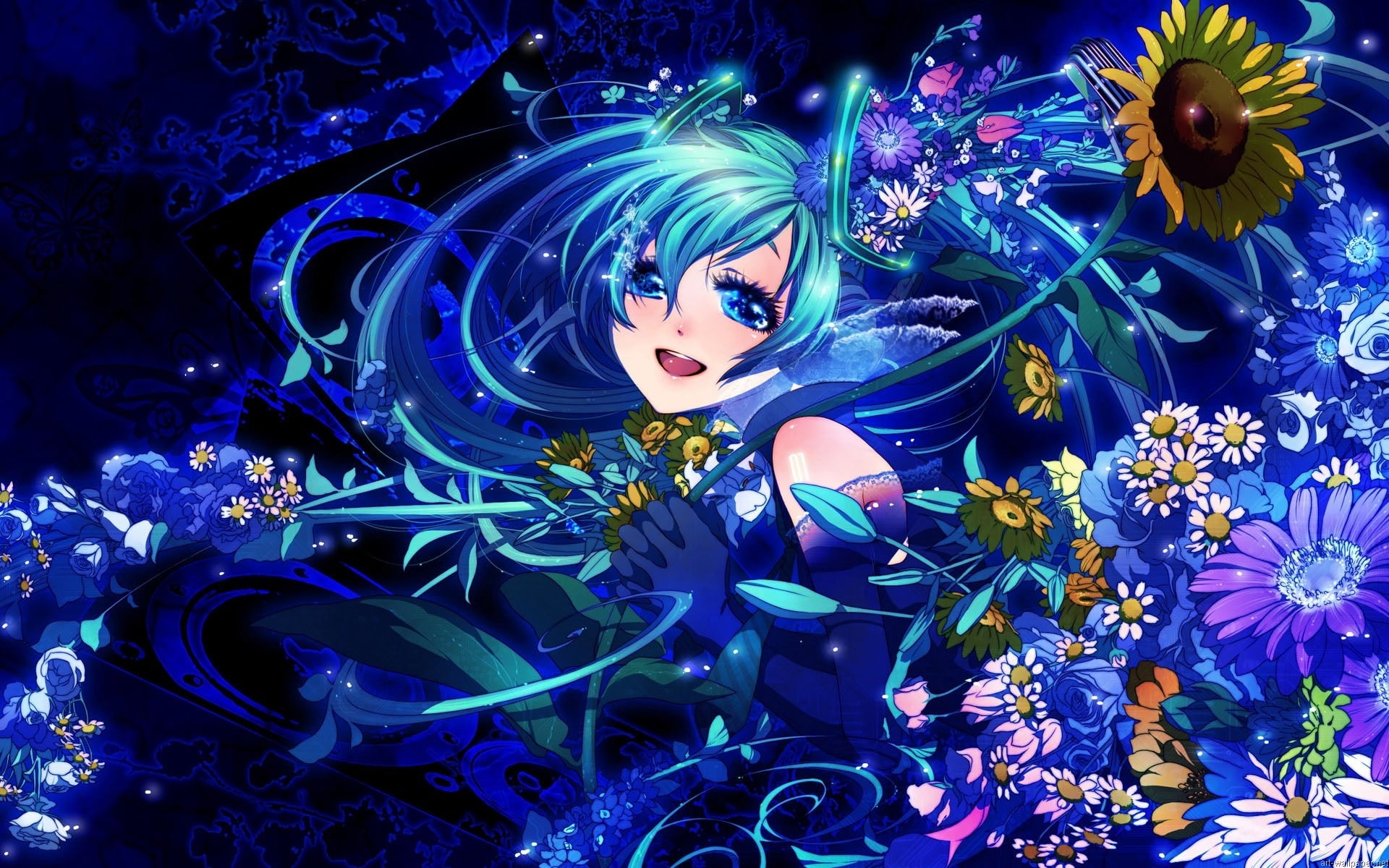 8. "Drawing of girl with blue hair and flowers" - wide 6