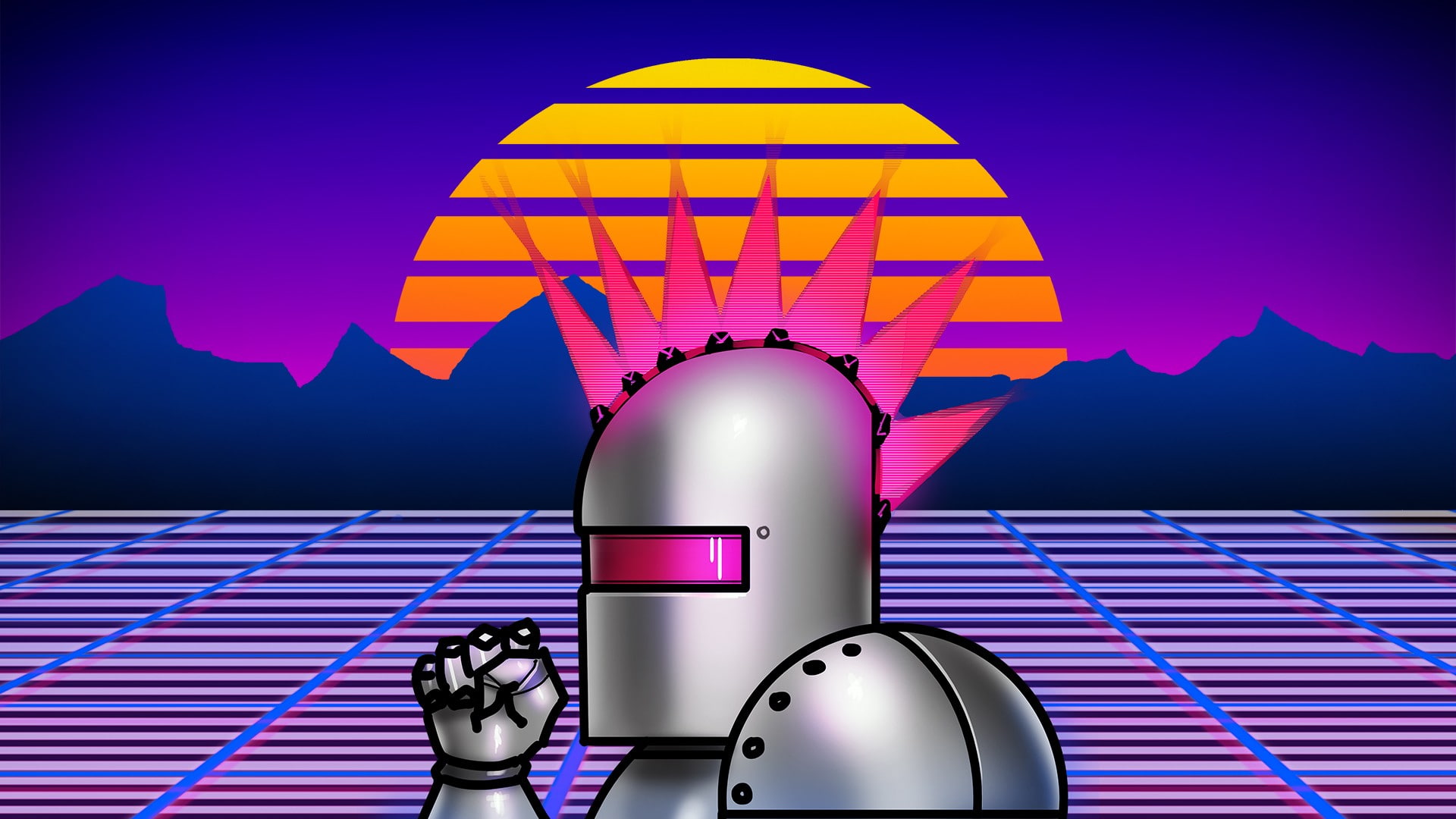 neon lazer mohawk 1980s retro games robot grid digital art sunset sun colorful