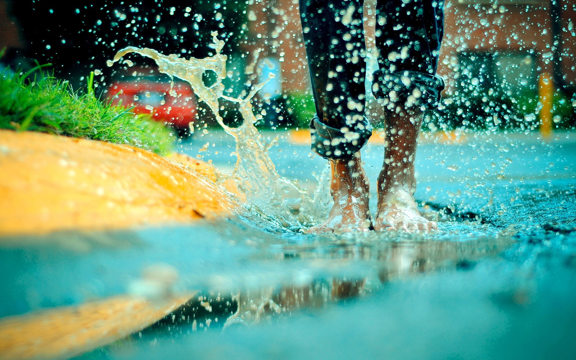 legs, splashes, puddle, barefoot, water drops