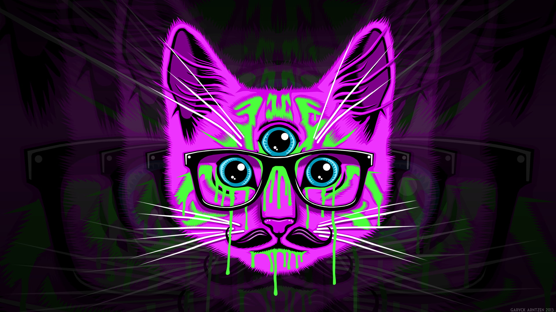 glasses, cat, psychedelic, mustache