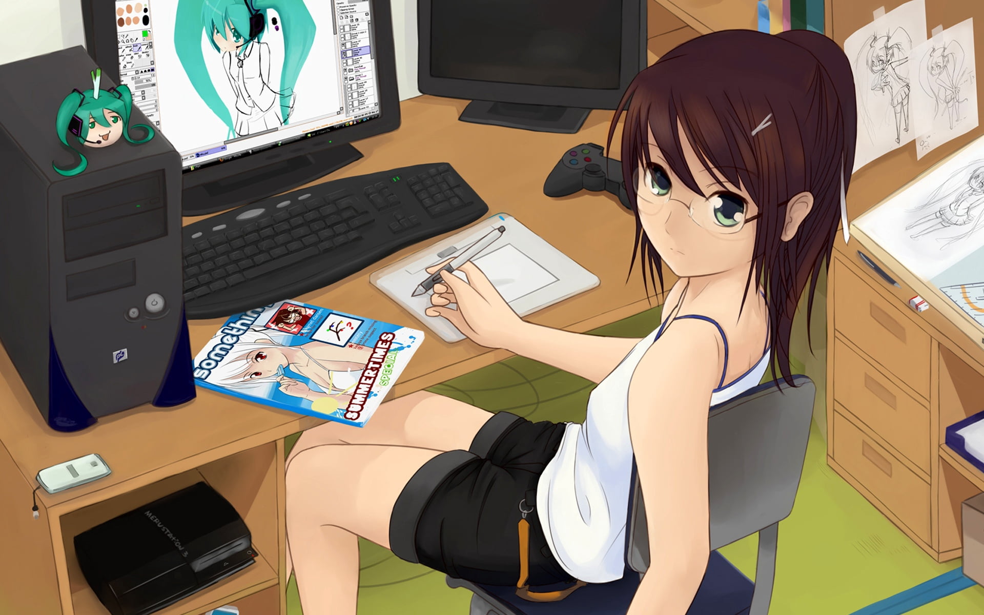 brown-haired fictional anime female character, girl, glasses