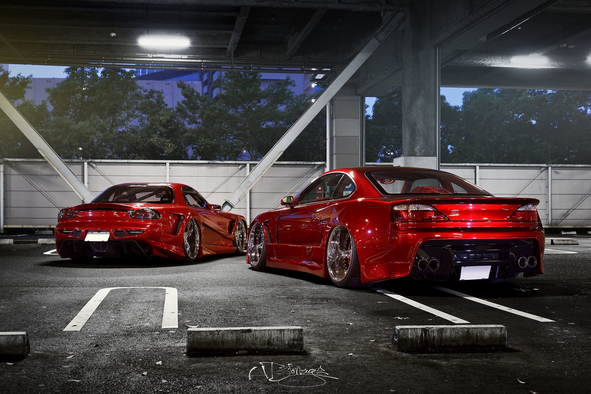 red Nissan Silvia S15 coupe and red Mazda RX-7 coupe, car, tuning