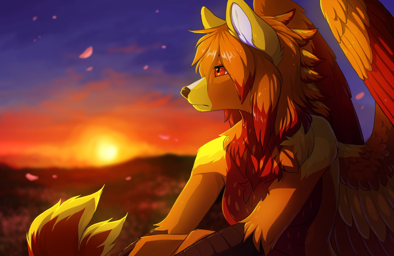 furry, Anthro, sunset, leaves, wings