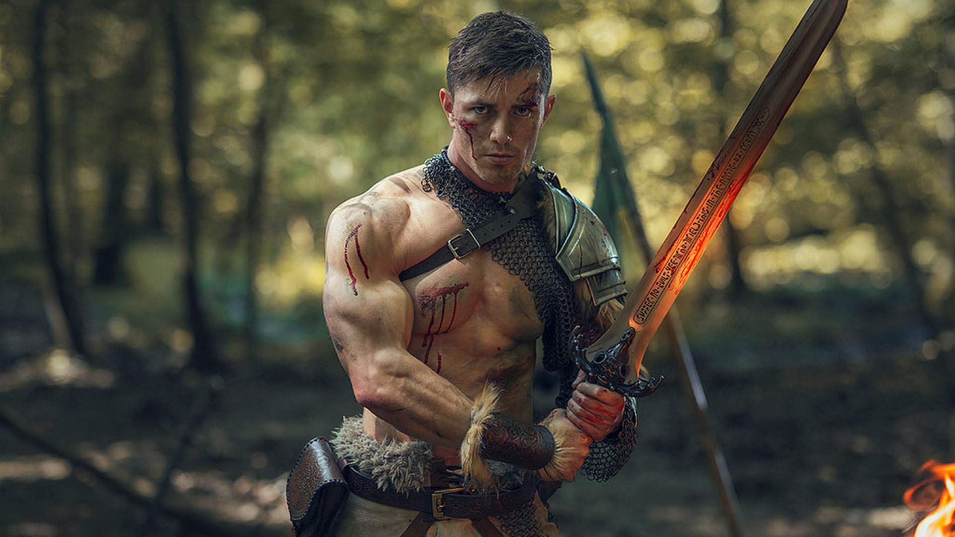 muscles, muscular, biceps, 6-pack, abs, model, warrior, forest