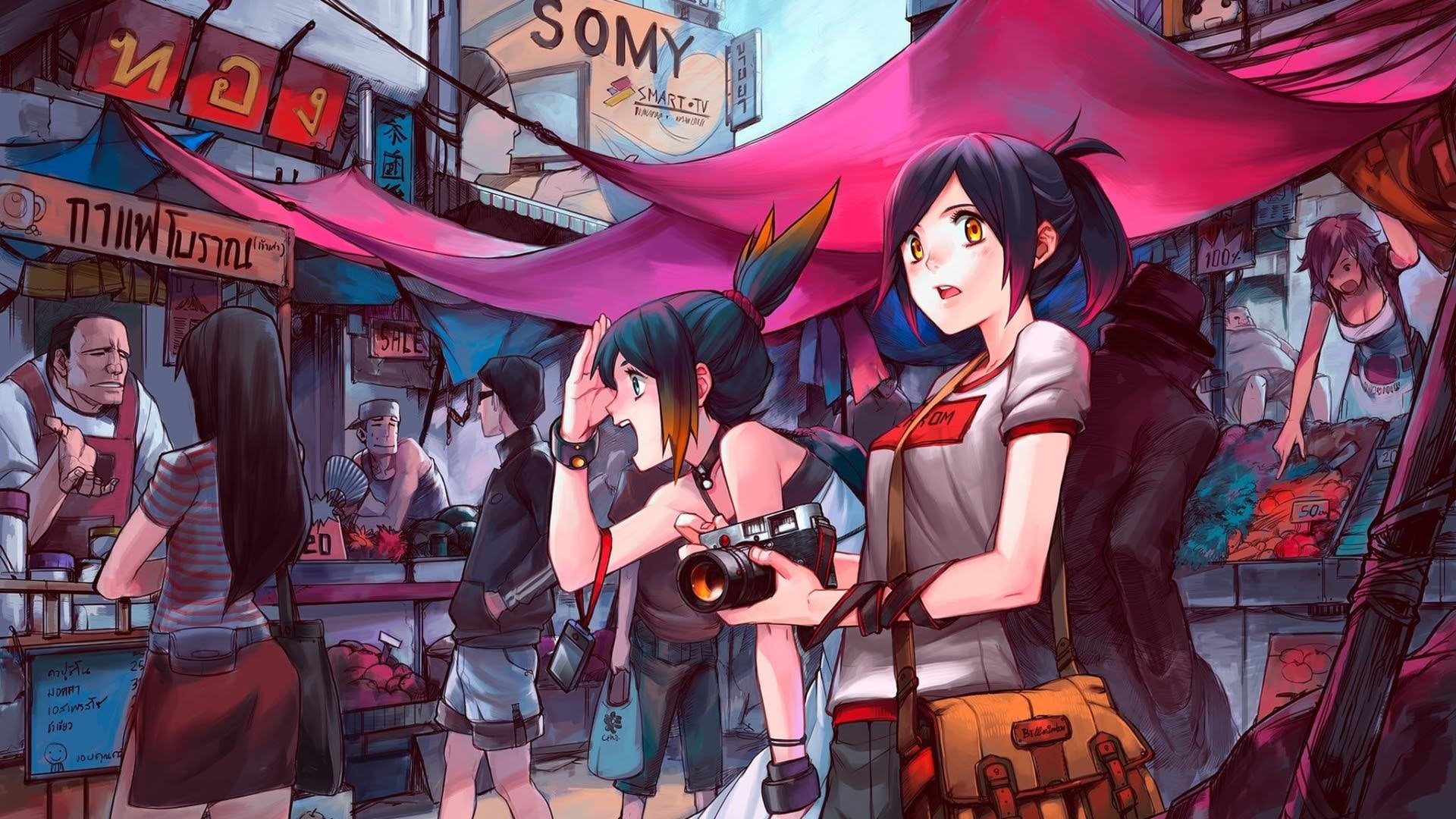 anime, anime girls, camera, markets