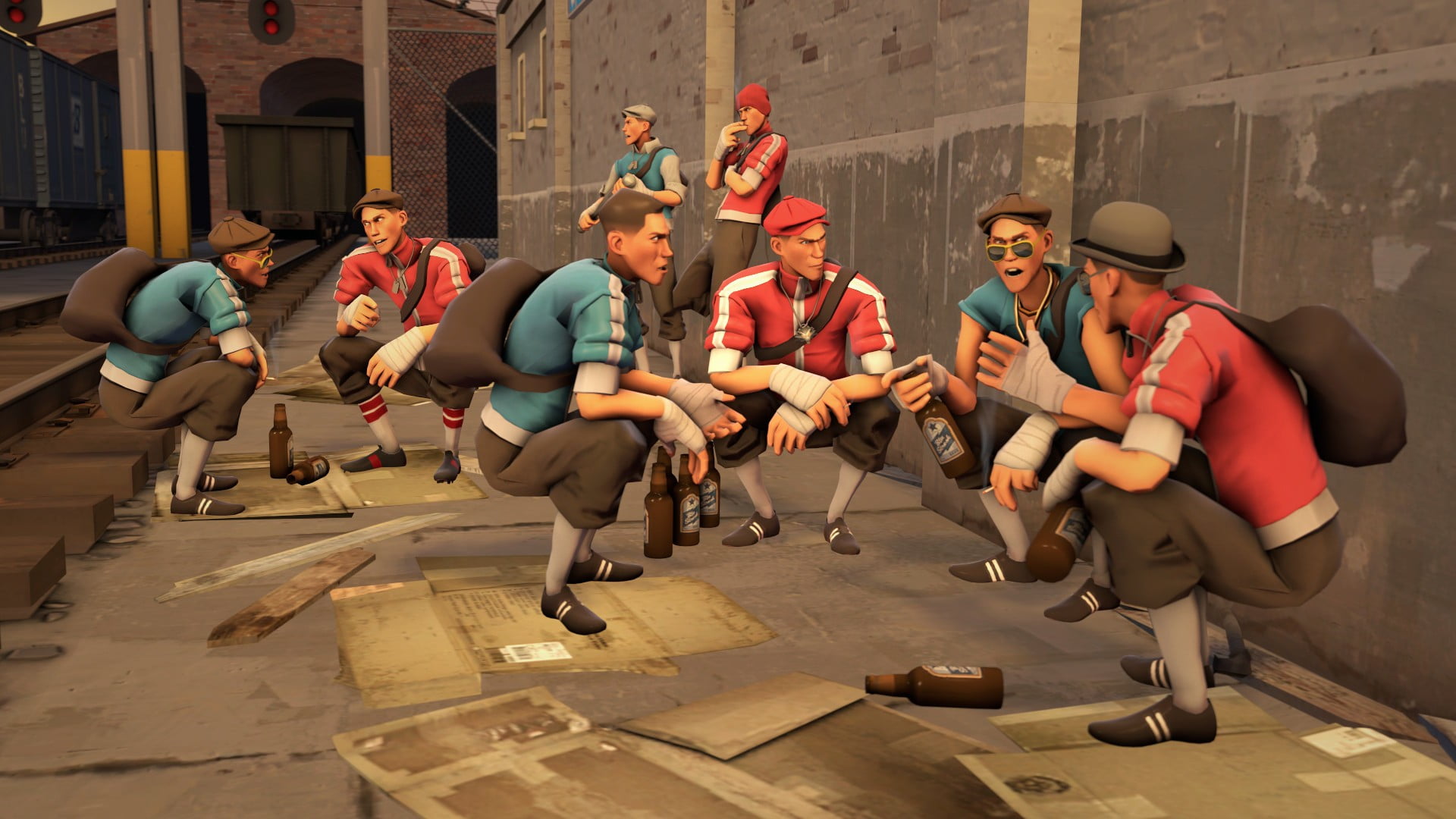sitting men painting, Team Fortress 2, group of people, full length
