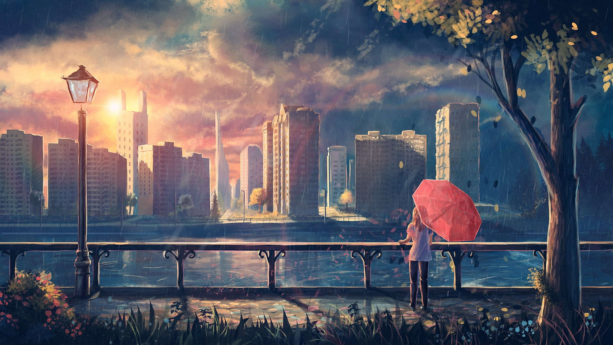 anime girls, umbrella, artwork, cityscape, park, fantasy art