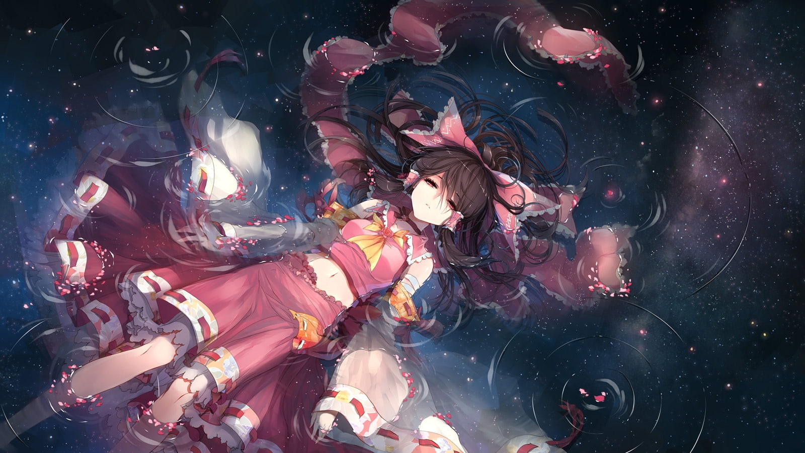 hakurei reimu, lying down, touhou, brown hair, water, Anime