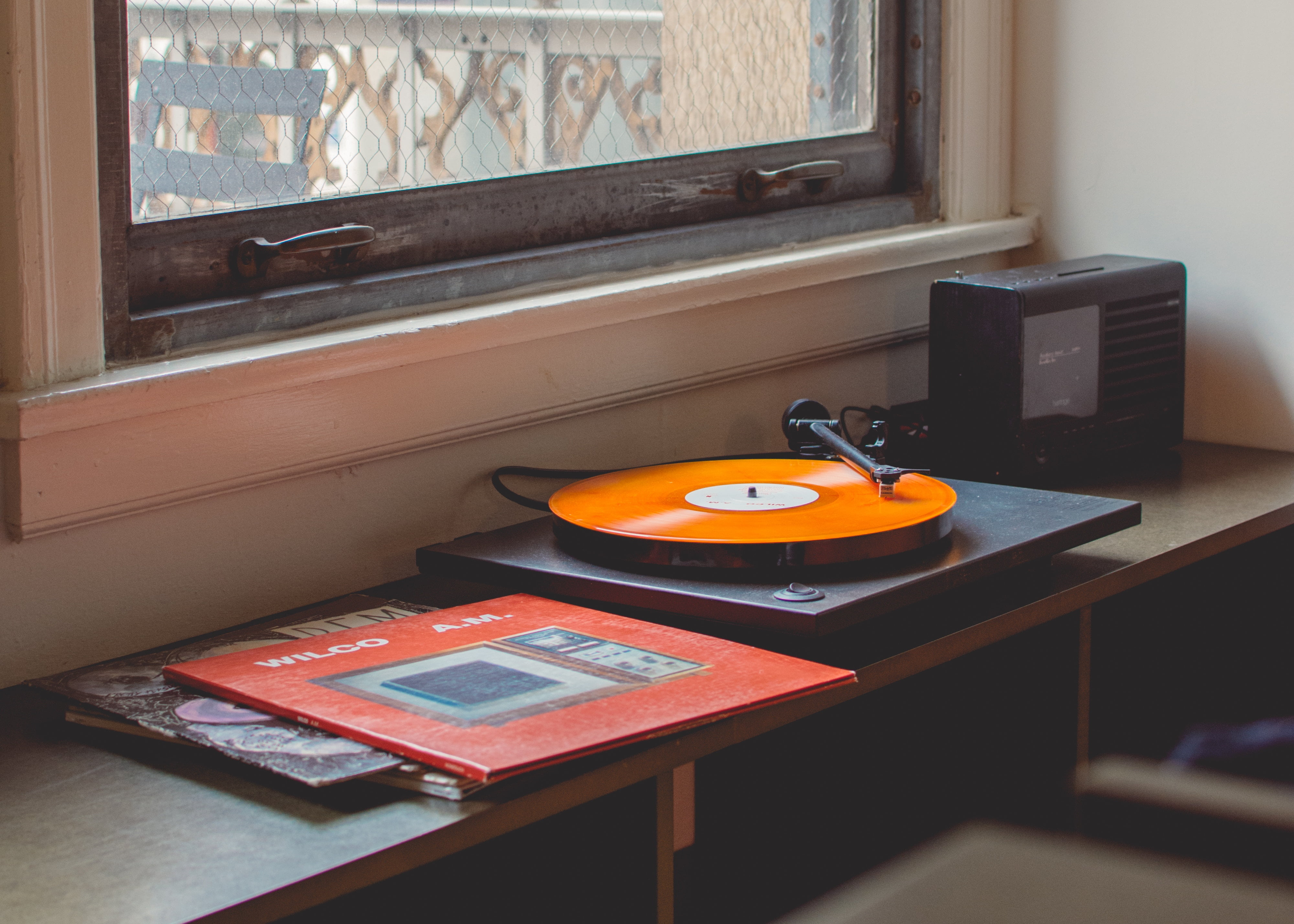 black turntable, vinyl record player, retro, music, indoors, equipment