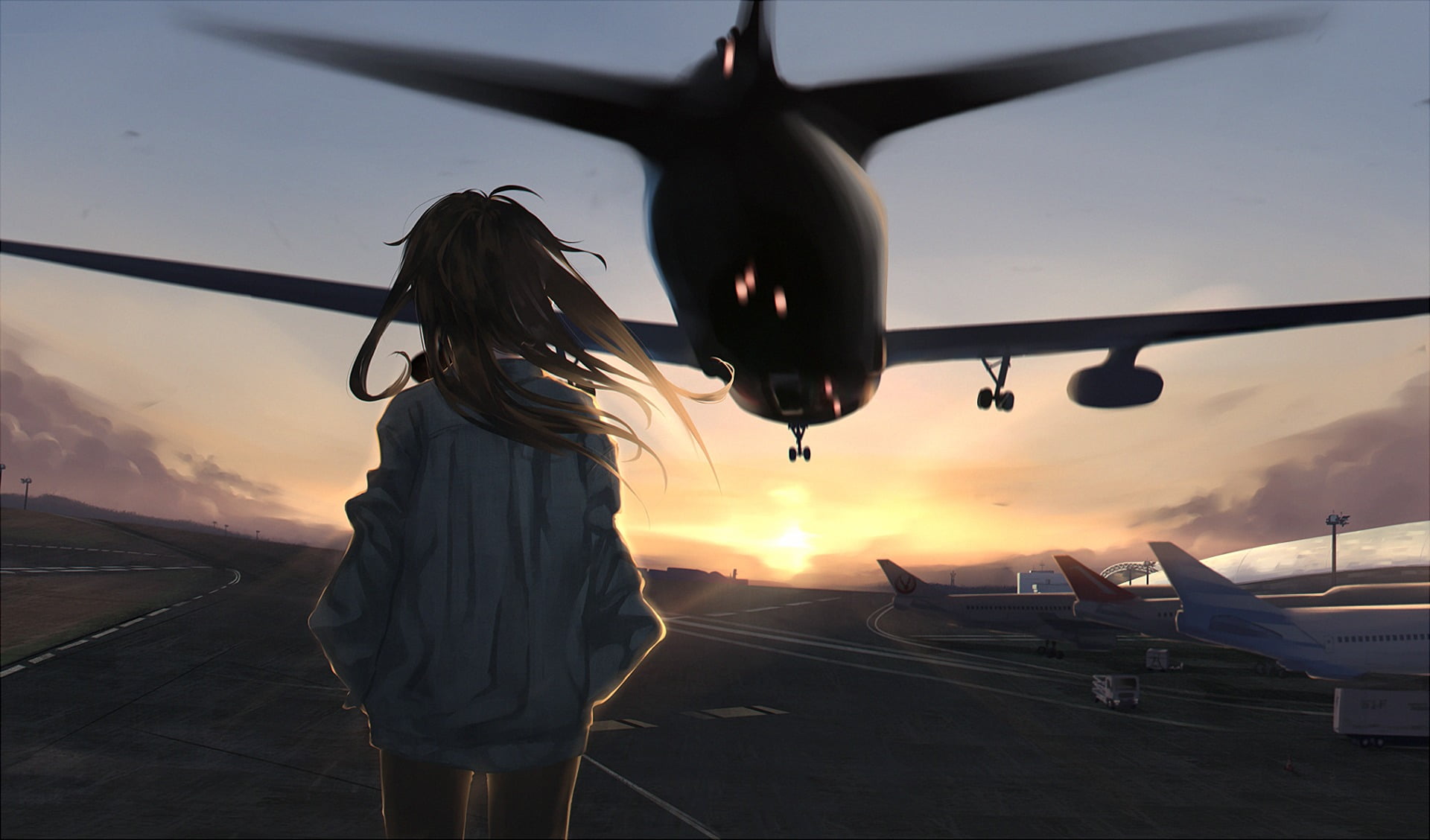 anime girls, airport, planes, sunset, sky, transportation, mode of transportation