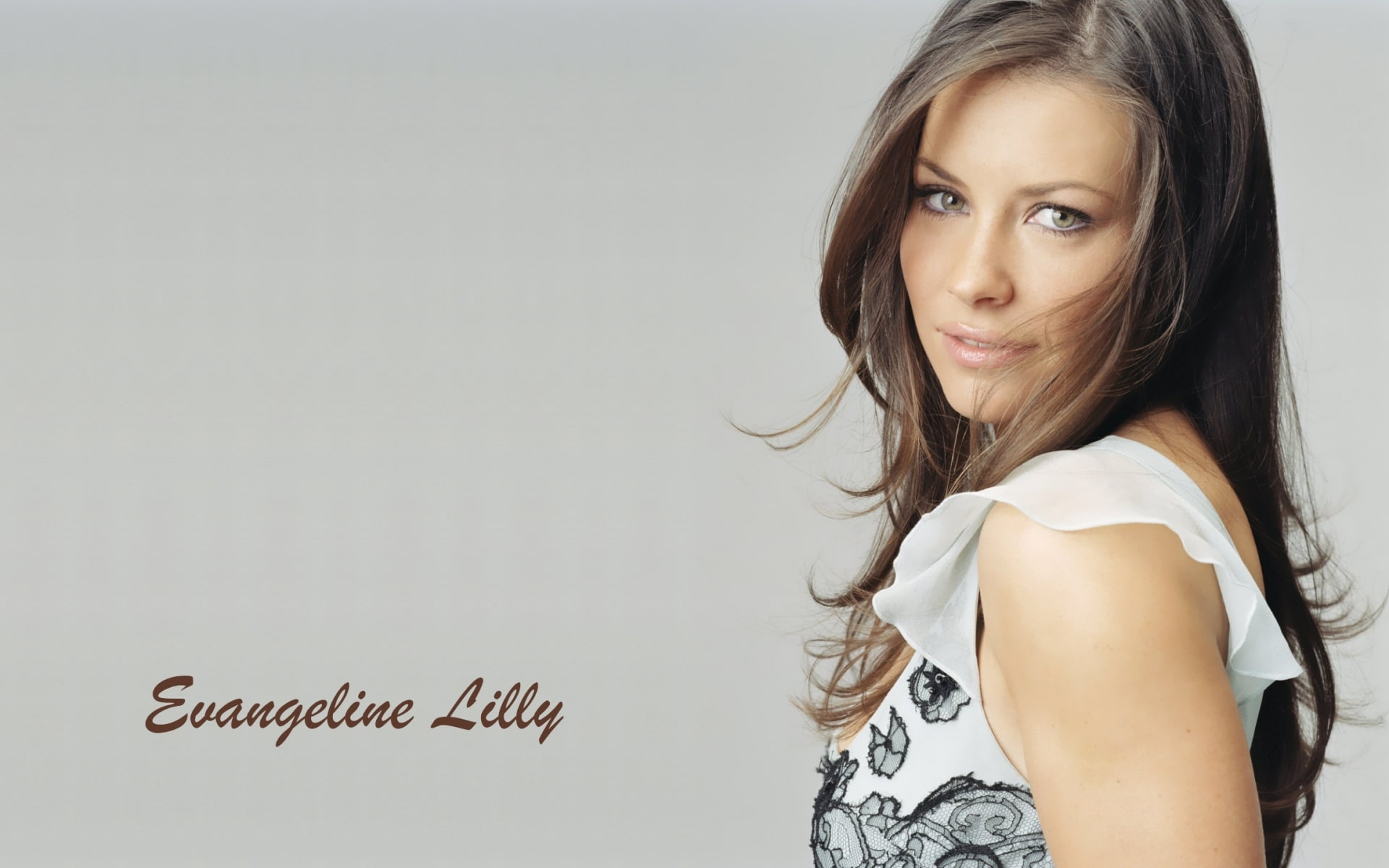 Evangeline Lilly, look, girl, face, background, the inscription
