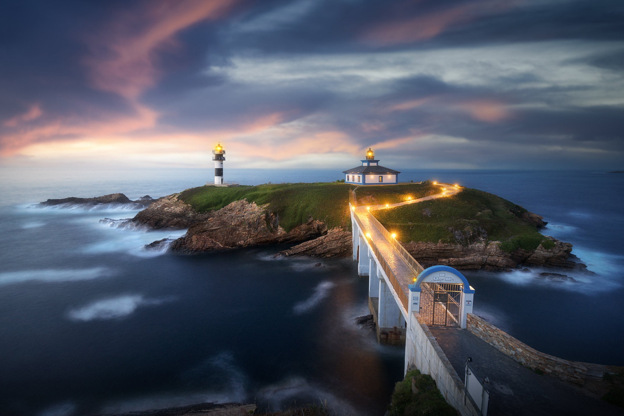 sea, bridge, lighthouse, island, Spain, Ribadeo, Galicia, Pancha Island