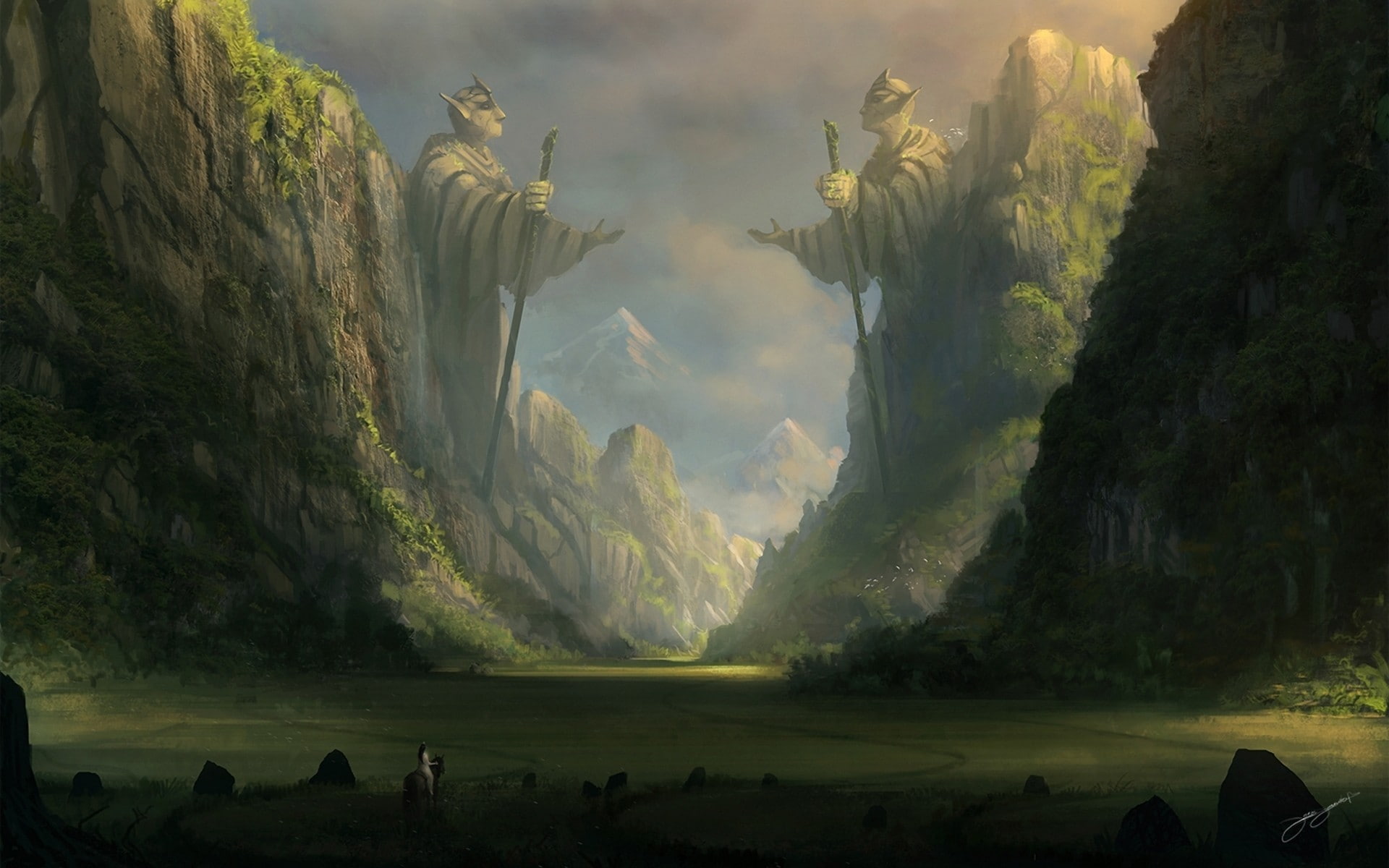 fantasy art, statue, field, anime, cliff, horse