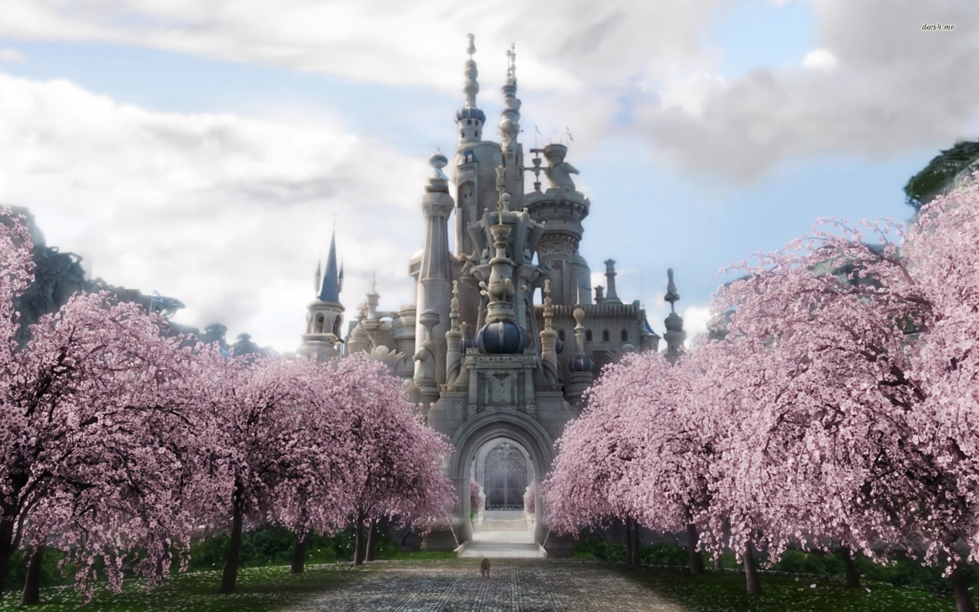 Castle and sakura, trees, Cherry, blossom, Fantasy, 1920x1200