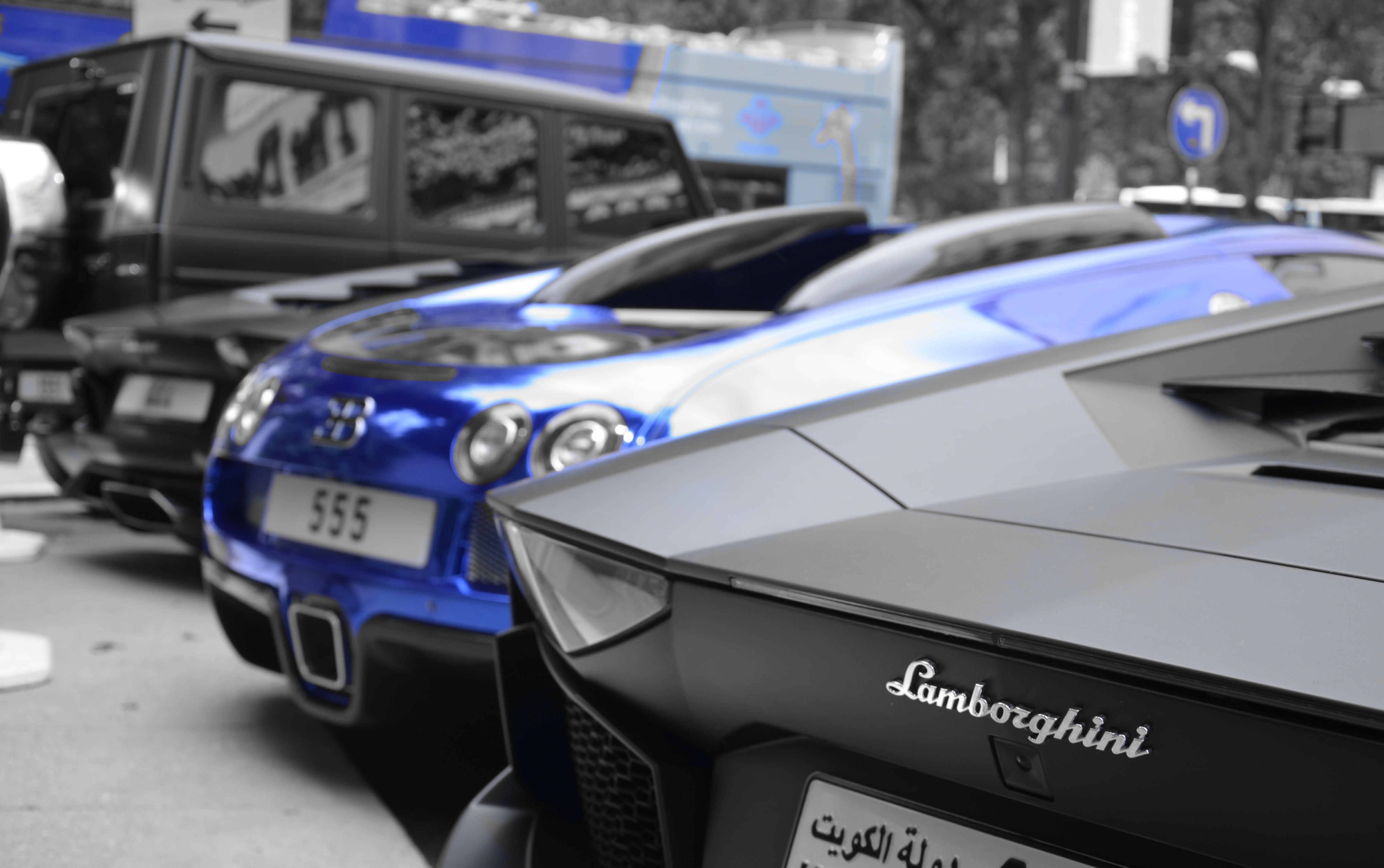 gray Lamborghini vehicle, blue, Bugatti, jeep, Parking, Mercedes
