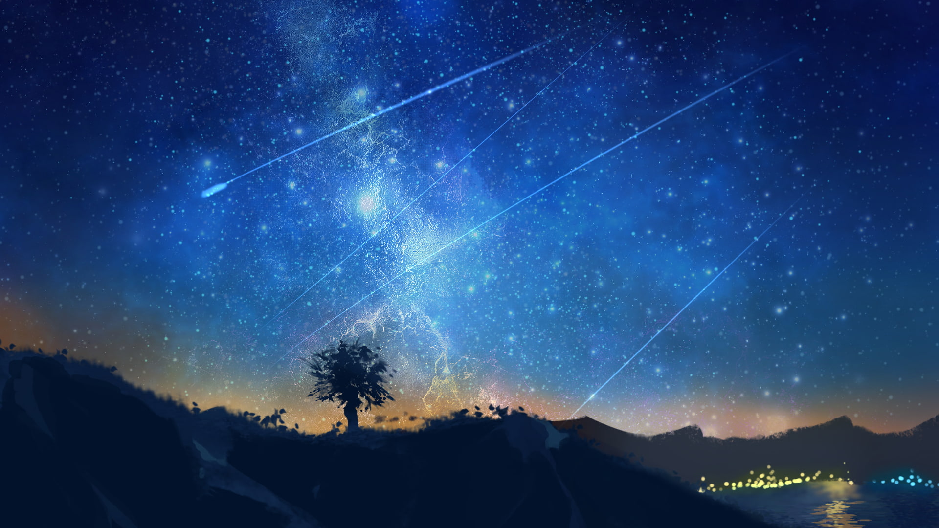 night, falling stars, landscape, Anime