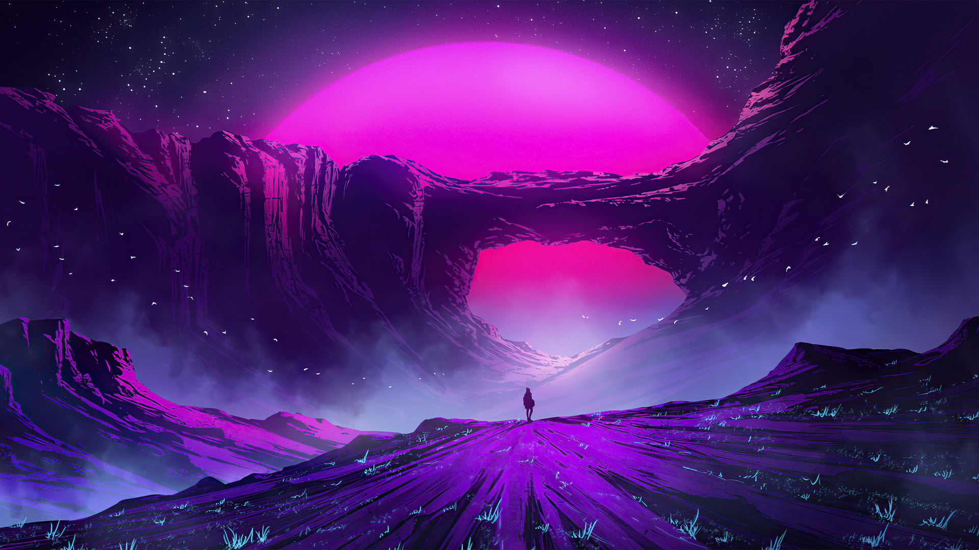 alone, stars, purple background